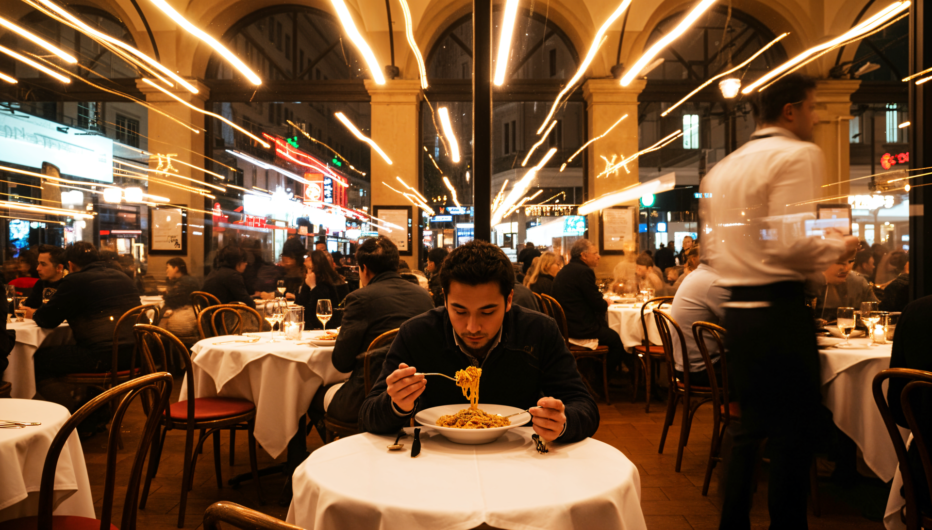 Alone man eating pasta at a crowded restaurant with streaking lights overhead — 4K Ultra HD PC desktop wallpaper and background.
