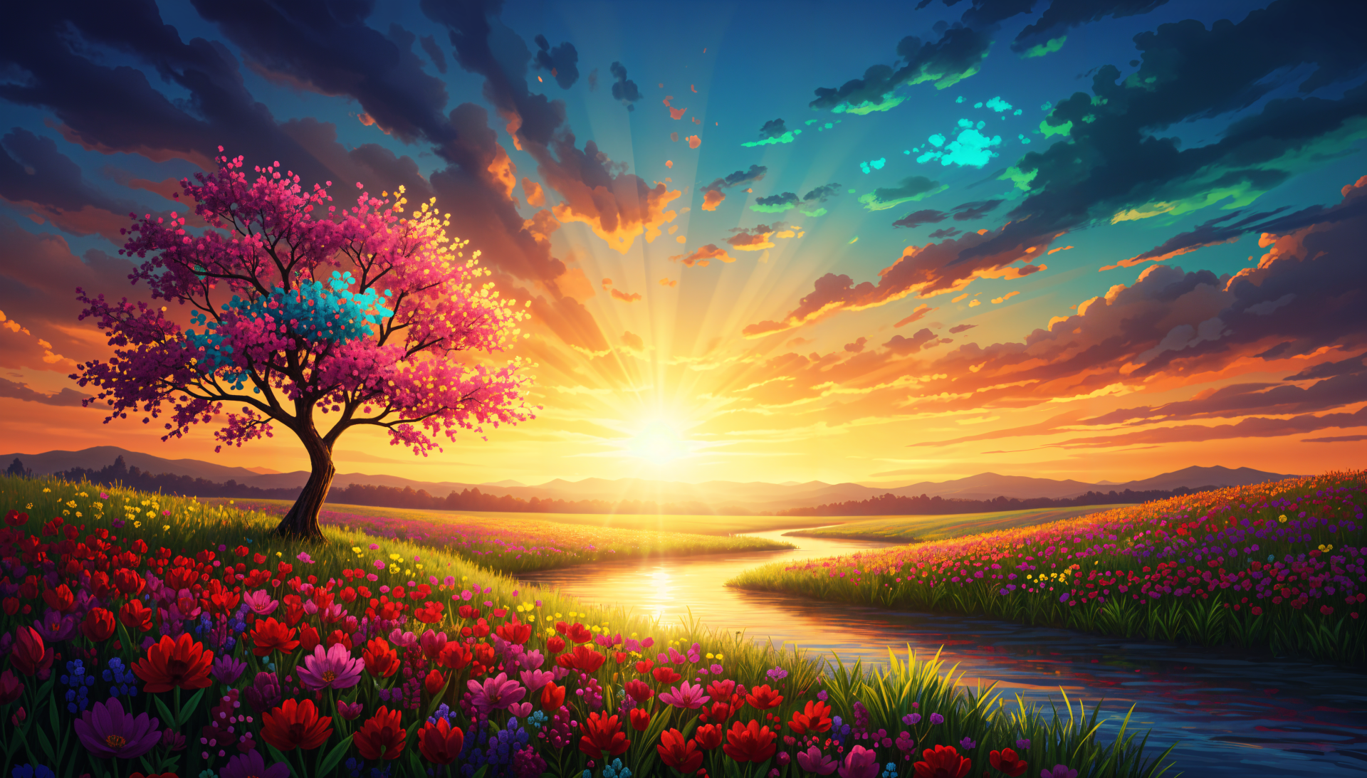 4K Ultra HD PC desktop wallpaper and background: vibrant sunrise with golden sunshine over a winding river, fields of colorful wildflowers and a lone pink blossom tree.