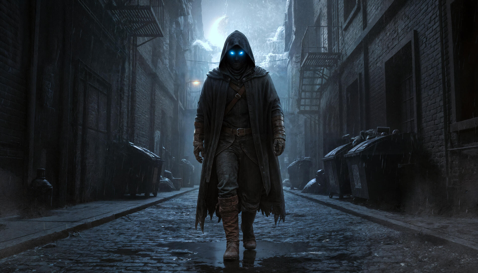 4K Ultra HD PC desktop wallpaper — hooded figure with glowing blue eyes strides through a foggy, rain-slick alley between towering buildings.
