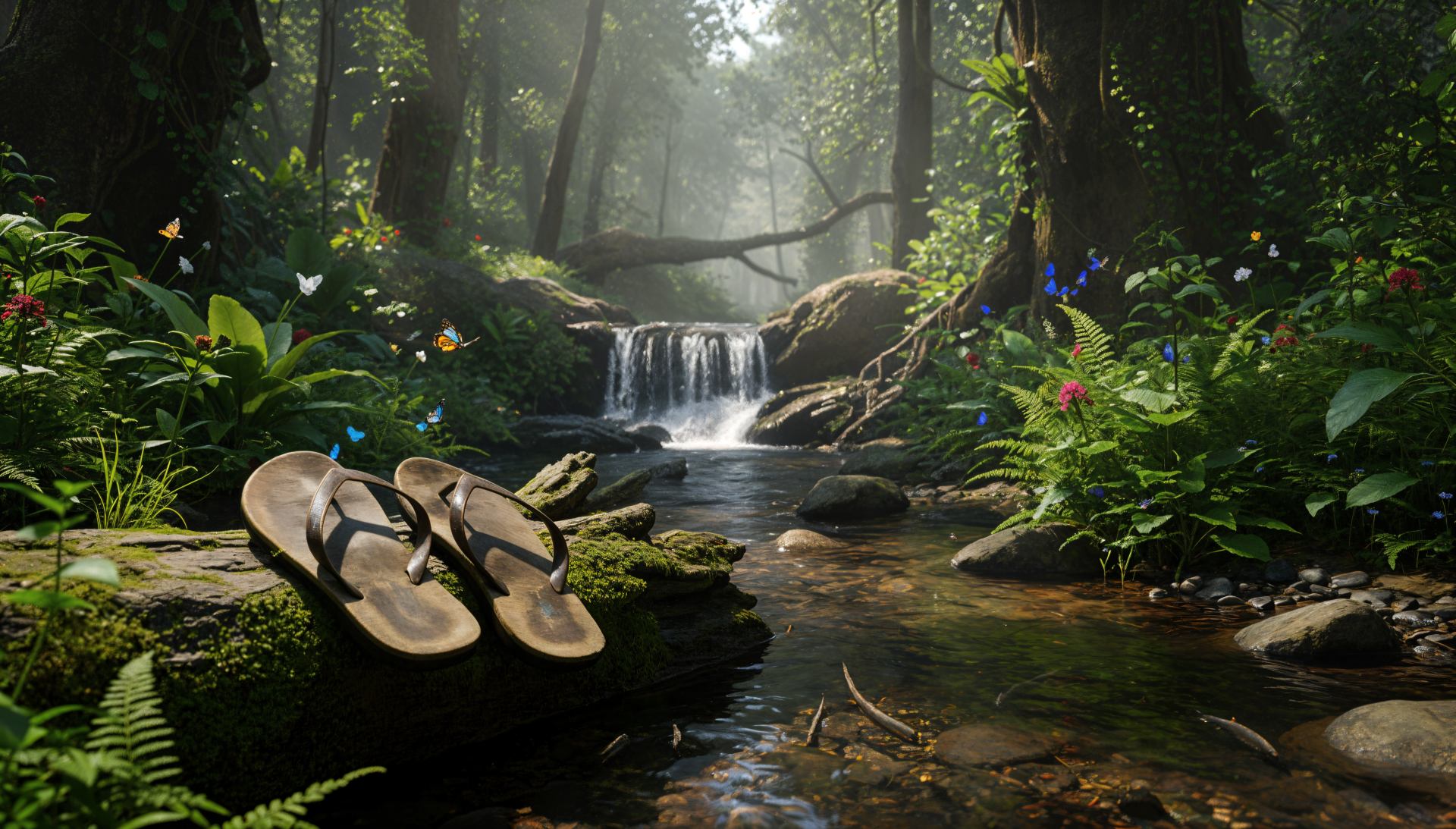 Flip flops on a mossy rock by a clear stream and small waterfall in a sunlit, lush forest — 4K Ultra HD PC desktop wallpaper/background.