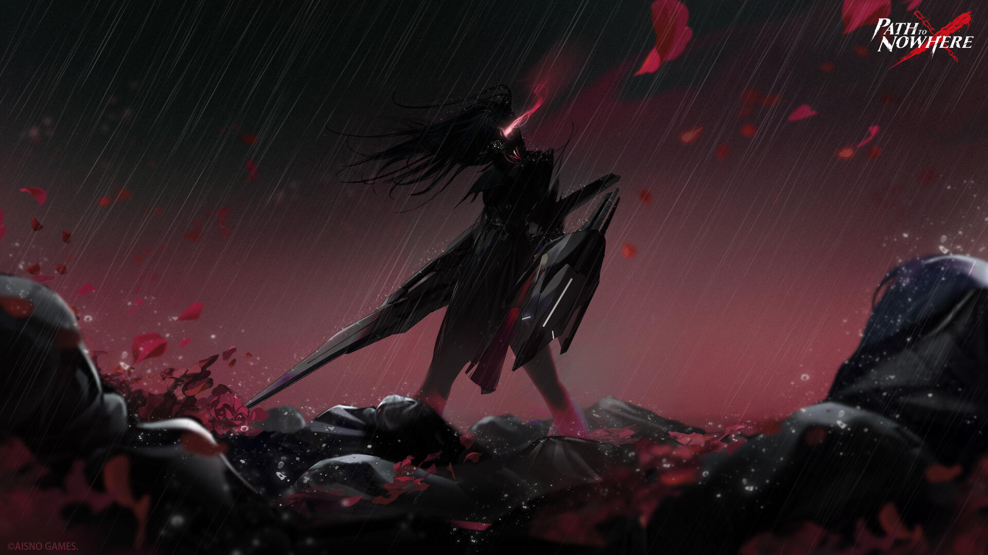 4K Ultra HD PC desktop wallpaper background of mobile game Path to Nowhere — Rage silhouette warrior with sword and shield on rain‑slick rocks, red embers and petals swirling under a blood-red sky.