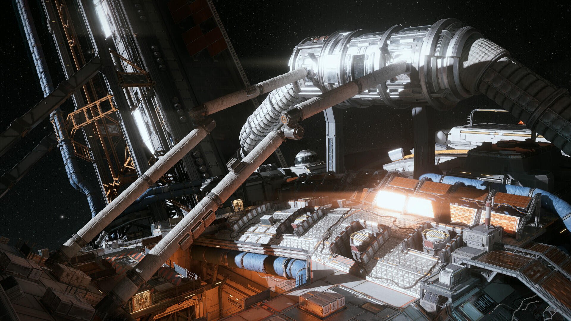 HD PC desktop wallpaper showing an industrial orbital station from the video game The Expanse: Osiris Reborn — docking arms, pipework and illuminated hull set against deep space.