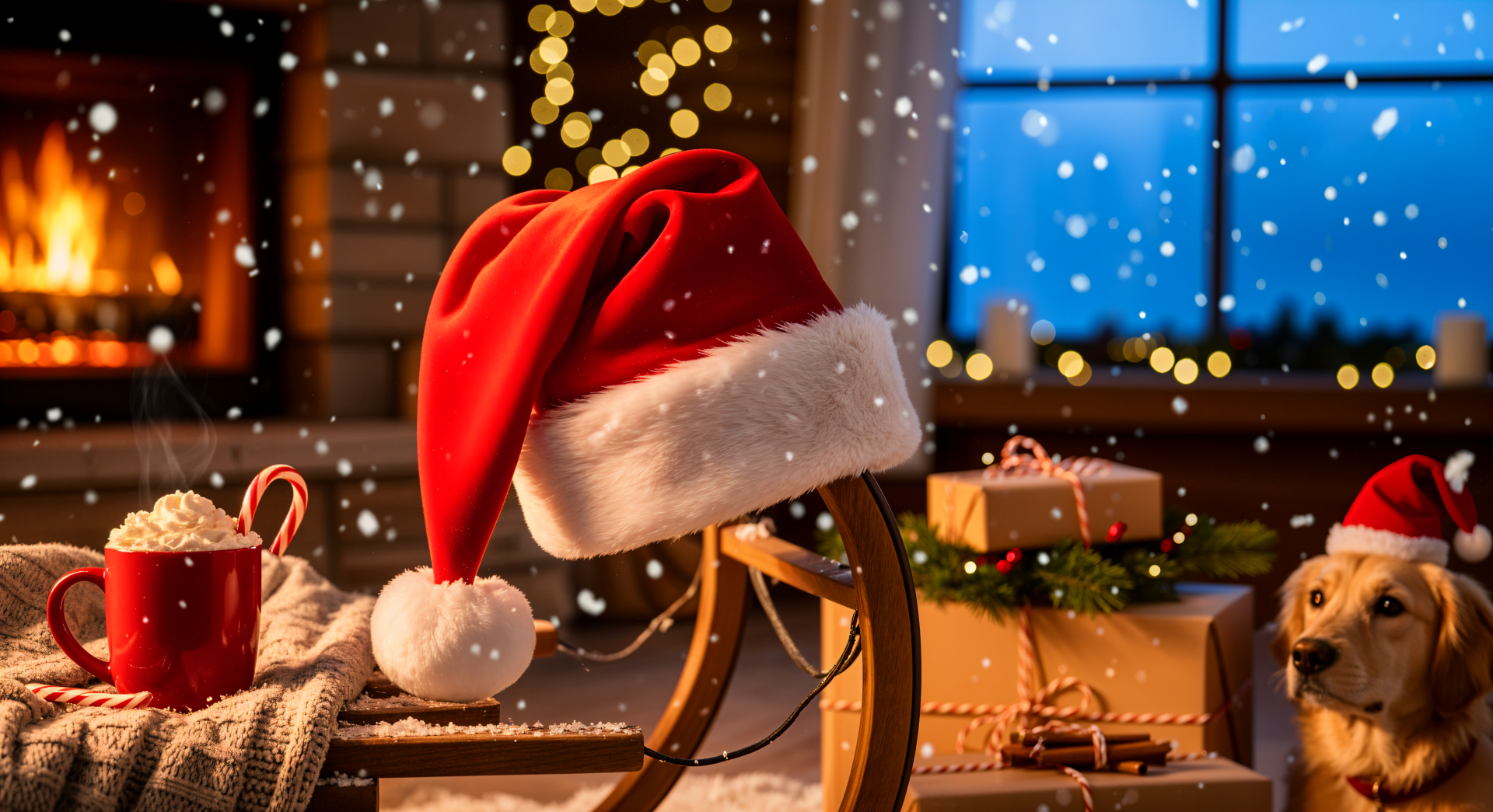 Cozy Christmas scene with a red Santa hat draped over a wooden sled, gifts, twinkling lights, snow outside and a dog by a fireplace — 4K Ultra HD PC desktop wallpaper and background.