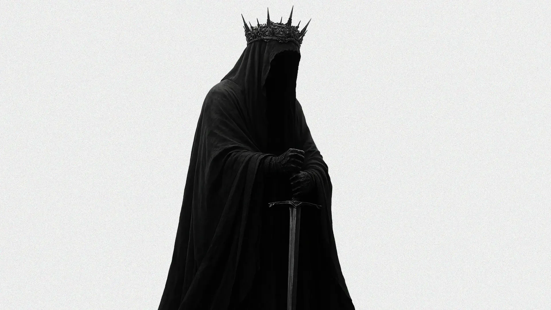 Hooded dark king in a spiked crown, face hidden, hands on a long sword against a stark white background — Nazgûl-inspired 4K Ultra HD PC desktop wallpaper.