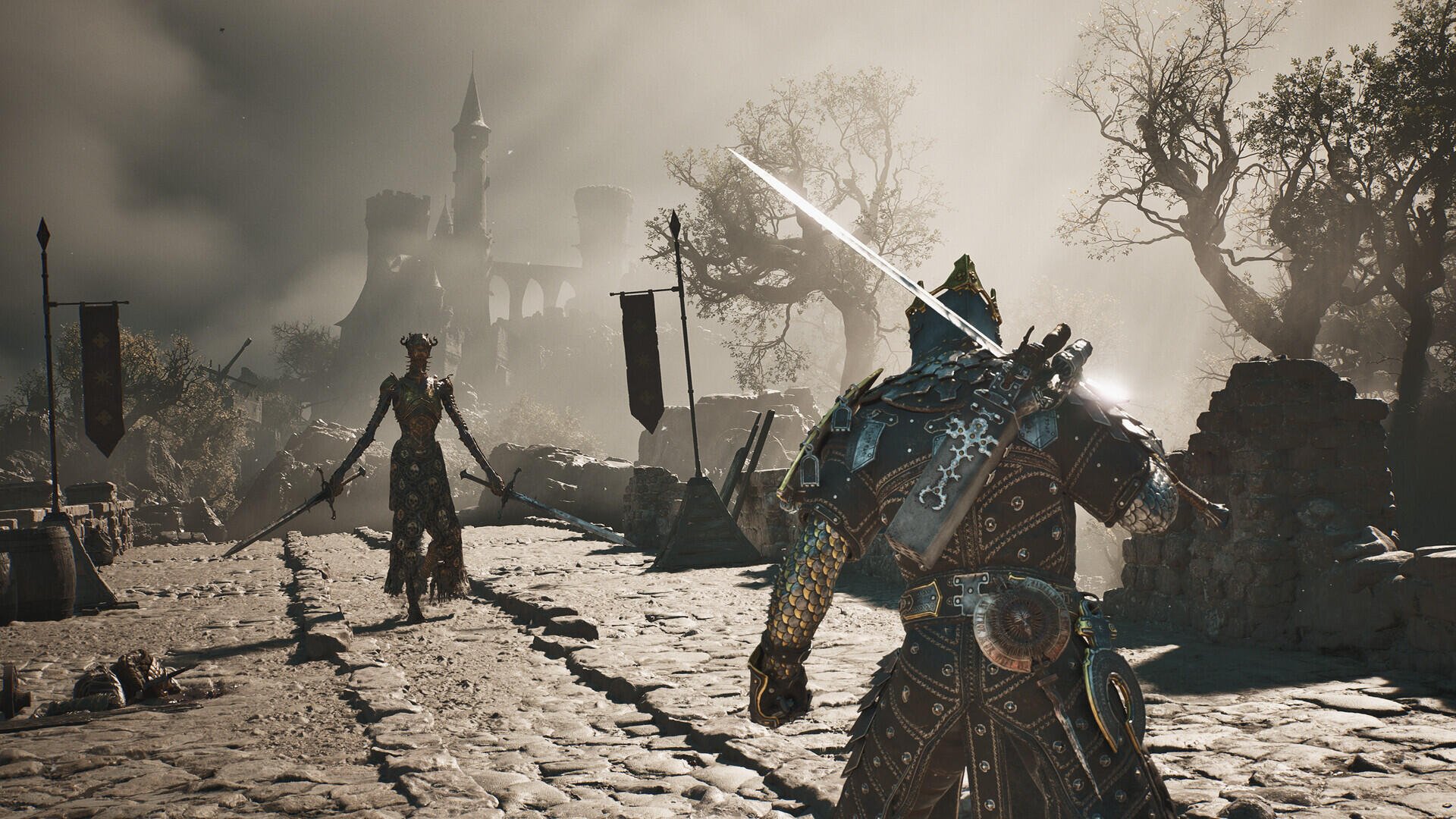 Video game Mortal Shell II HD PC desktop wallpaper and background: armored warrior with a glowing sword faces a shadowy foe amid ruined, foggy battlements and twisted trees.