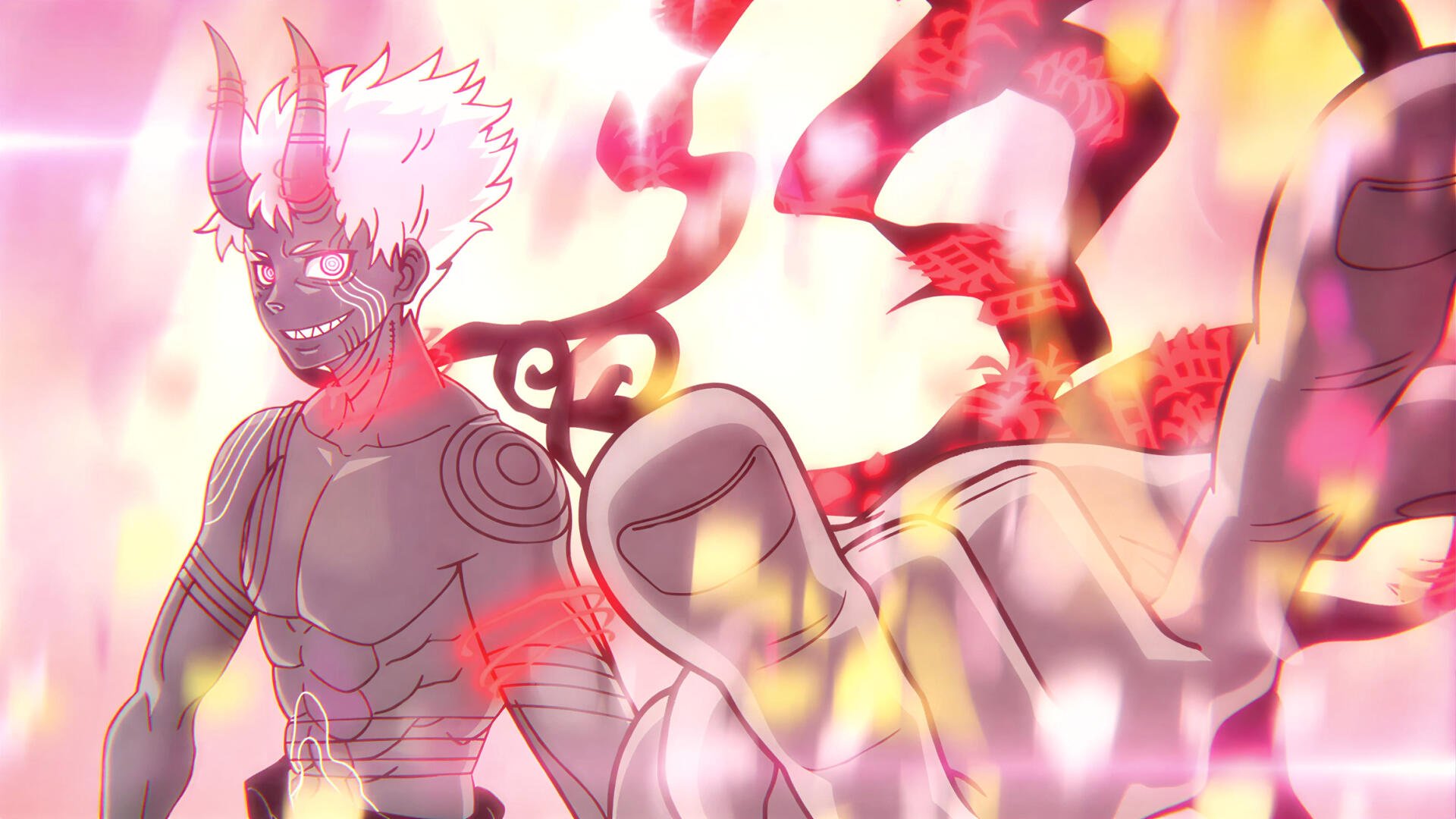 HD PC desktop wallpaper: Anime — Fire Force's Shinra Kusakabe mid-transformation, enveloped in a blazing red-yellow aura with flame-like tendrils, glowing eyes and dark markings across his body.