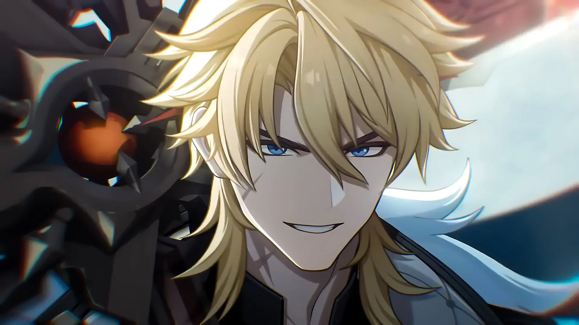 Varka from Genshin Impact, close-up smirking blonde-haired warrior with piercing blue eyes and dark mechanical backdrop — 4K Ultra HD PC desktop wallpaper