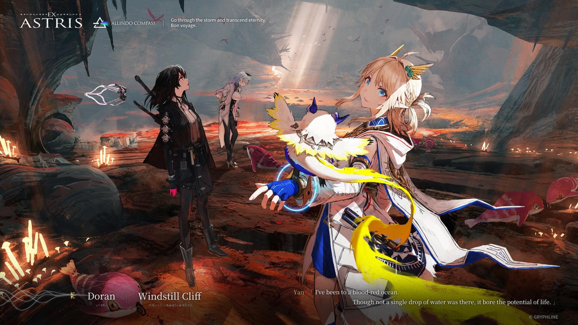 Ex Astris official HD PC desktop wallpaper: a blonde heroine cradling a small creature and a dark-cloaked companion stand on a glowing canyon cliff beneath dramatic shafts of light.