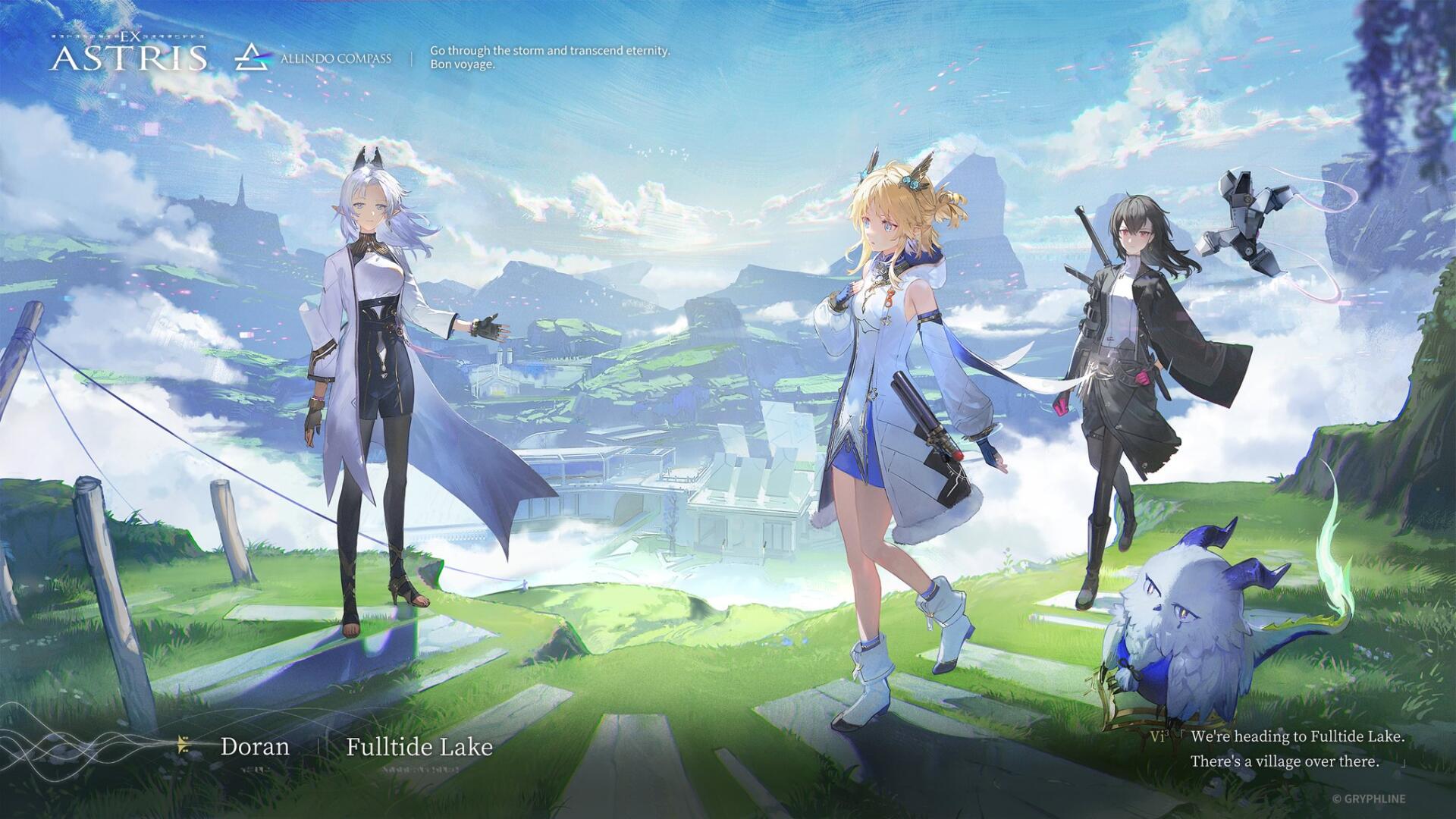 Ex Astris official HD PC desktop wallpaper/background: three stylized characters on grassy cliffs beside a luminous lake, with floating islands and a bright, cloud-speckled sky.