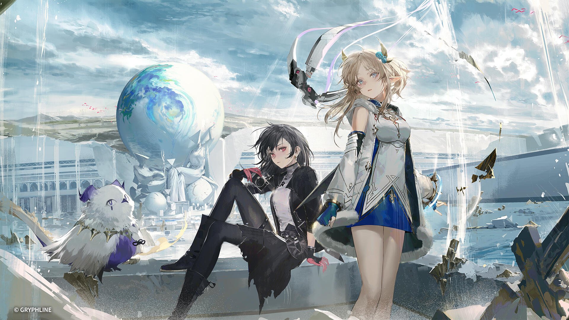 Ex Astris official HD PC desktop wallpaper & background: two anime-style characters and a small companion on a futuristic terrace overlooking a holographic globe beneath wide, sweeping skies.