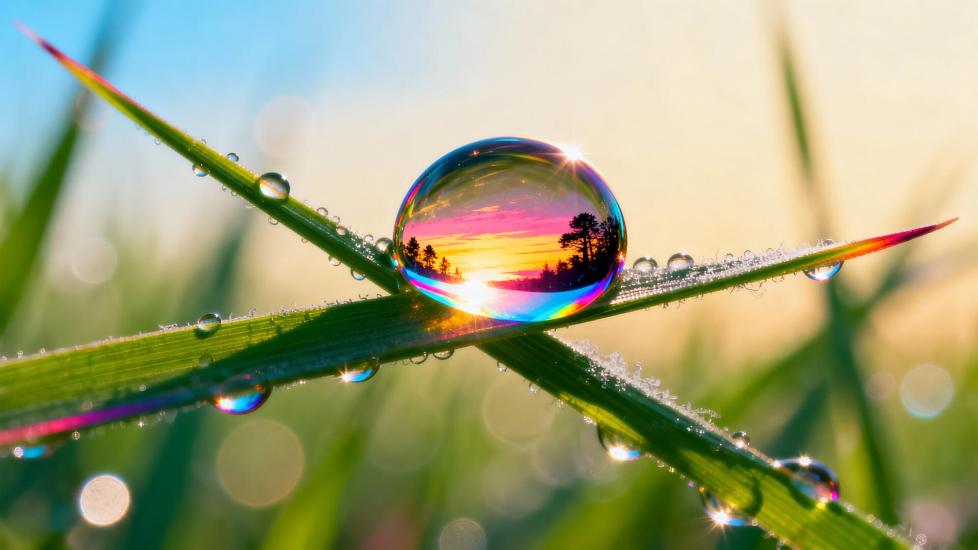Dew drop on a grass blade reflecting a rainbow-hued sunrise and tiny silhouettes, soft green bokeh in background — 4K Ultra HD PC desktop wallpaper and background.