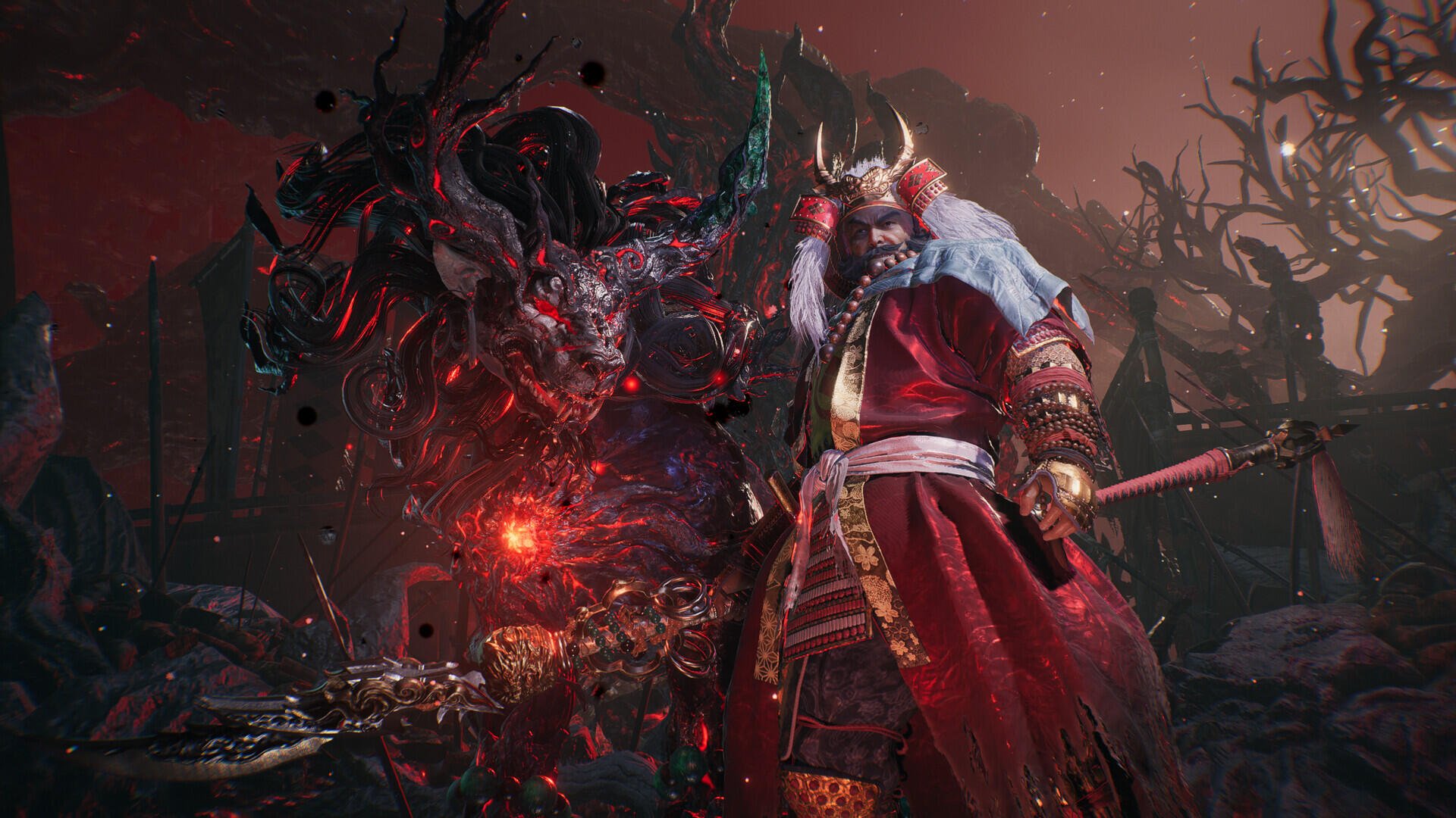 HD PC desktop wallpaper from the video game Nioh 3: a blood-streaked samurai in red armor faces a hulking shadow demon amid a fiery, twisted battlefield.