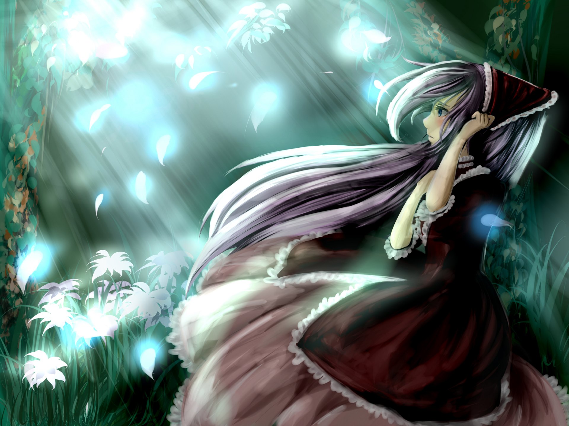 HD fantasy desktop wallpaper depicting a woman with long flowing hair and a red dress, surrounded by glowing butterflies in a mystical, softly lit forest.