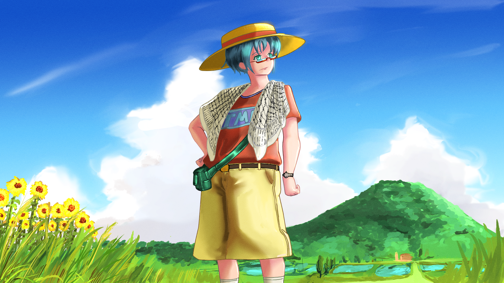 HD PC desktop wallpaper/background: anime-style traveler in a straw hat stands among sunflowers in a bright rural scene with rolling green hills and a pond under a blue sky.
