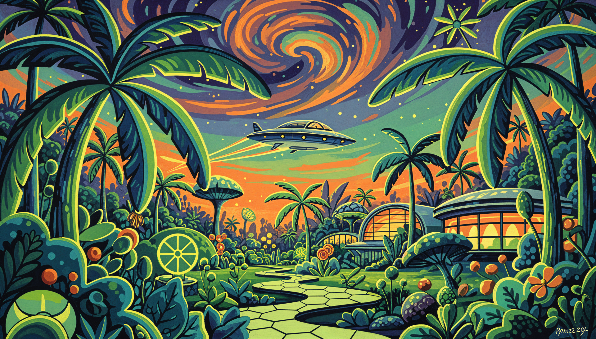 Vibrant sci‑fi tropical scene with lush greenery, palm trees, glowing domes and a hovering UFO under a swirling starry sky — 4K Ultra HD PC desktop wallpaper/background.