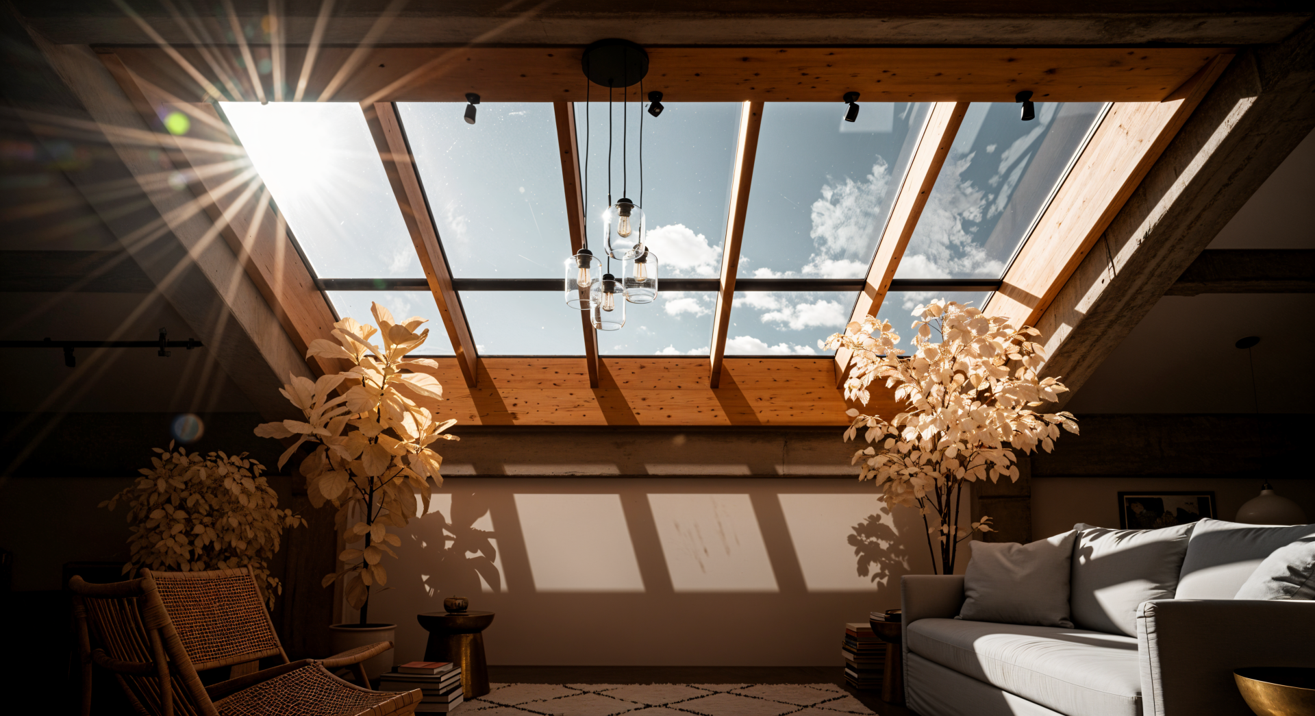4K Ultra HD PC desktop wallpaper and background: sunlit room with a large skylight, sunbeams, hanging bulbs, potted plants and a sofa casting warm shadows.