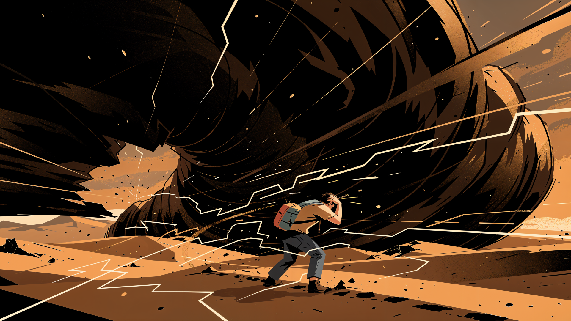 4K Ultra HD PC desktop wallpaper: stylized figure braces against a towering swirling sand vortex, lightning-like cracks and flying debris across a dramatic desert landscape.