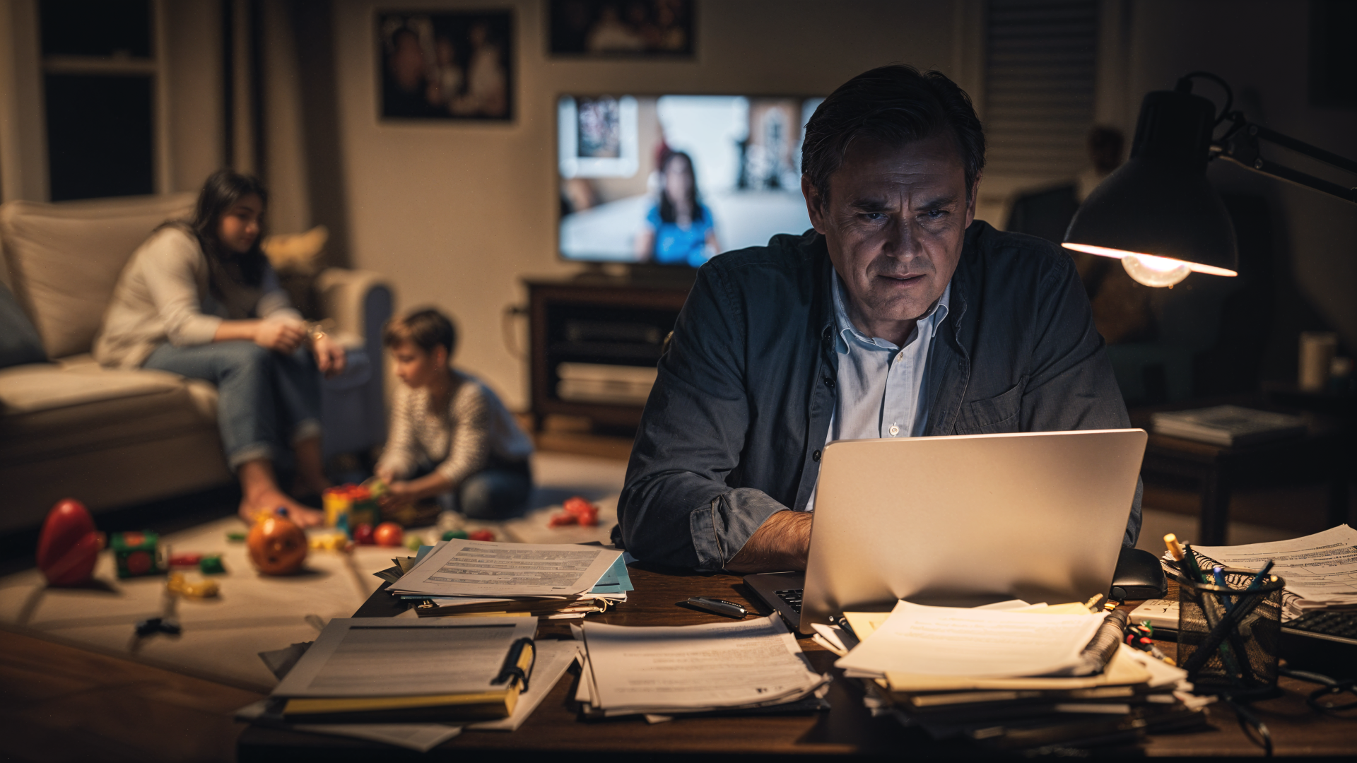 4K Ultra HD PC Desktop Wallpaper and Background — dimly lit home office: a focused man at a laptop amid scattered paperwork, while family plays on the floor in the soft, blurred background.