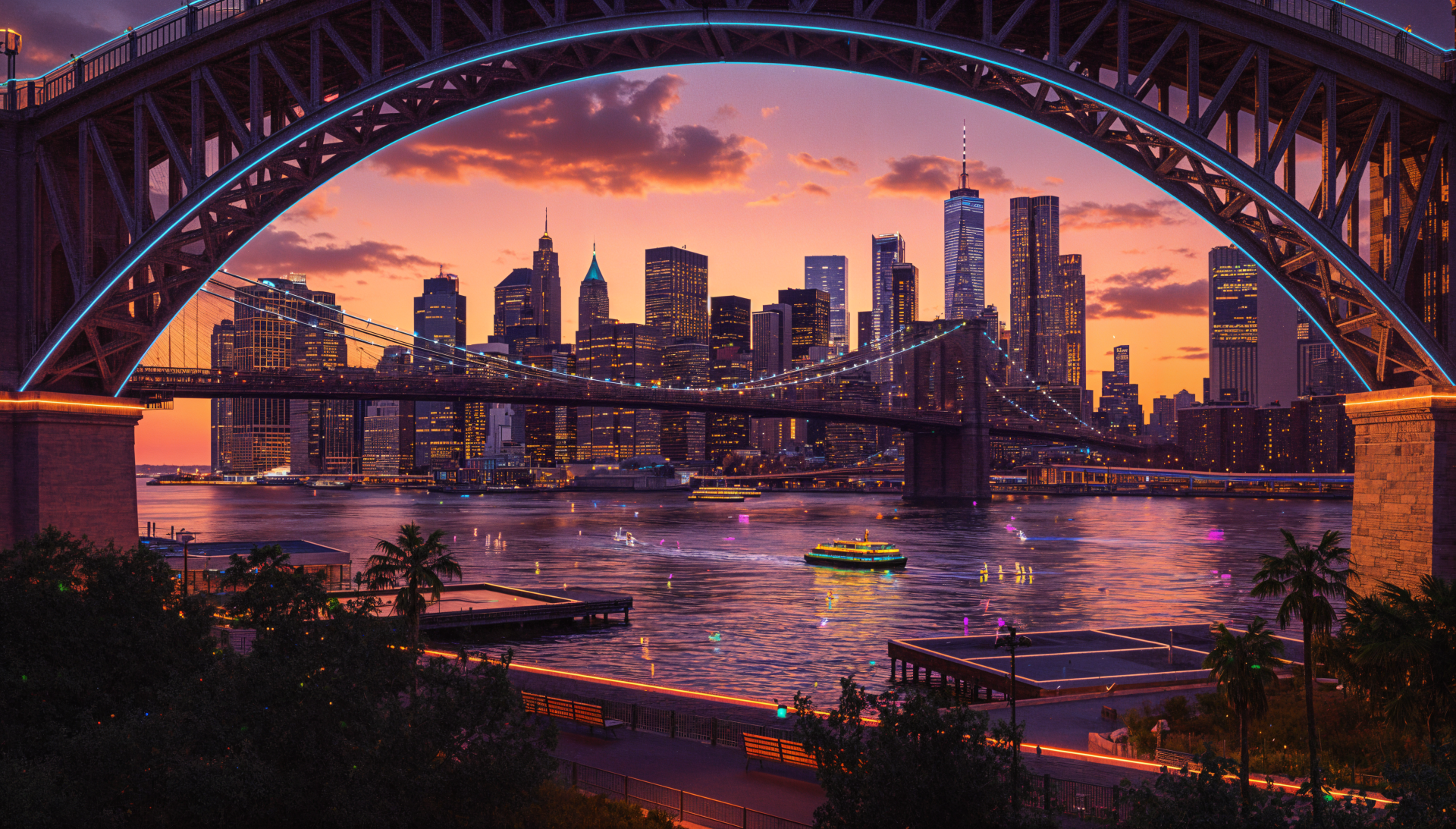 Manhattan skyline at sunset framed by an arched bridge, glowing reflections on the East River and a lit boat — 4K Ultra HD PC desktop wallpaper and background.