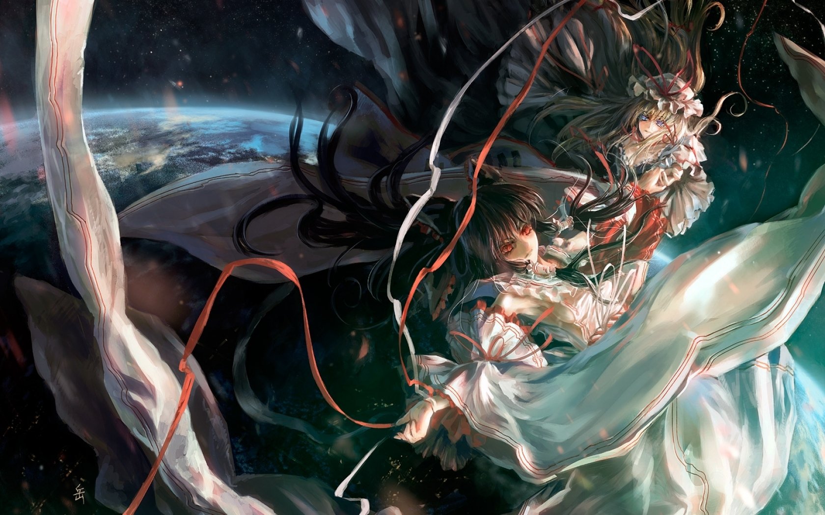 HD anime desktop wallpaper featuring Touhou characters Yukari Yakumo and Reimu Hakurei in dynamic poses against a cosmic background.