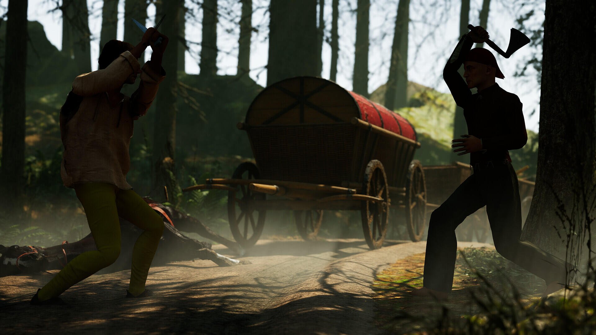 HD PC desktop wallpaper and background showing a video game scene: two medieval fighters practicing Half Sword by a wagon in a misty forest.