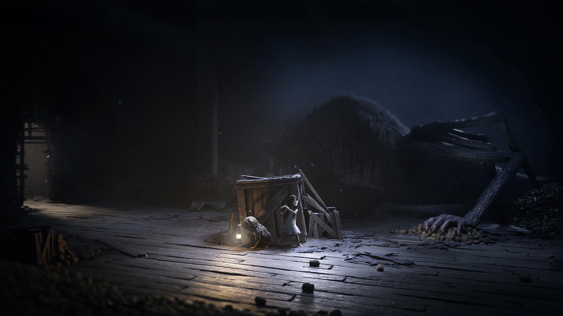 Reanimal HD PC desktop wallpaper showing a dim wooden floor, a small lantern-lit cart and a looming shadowy, root-like creature in the background.