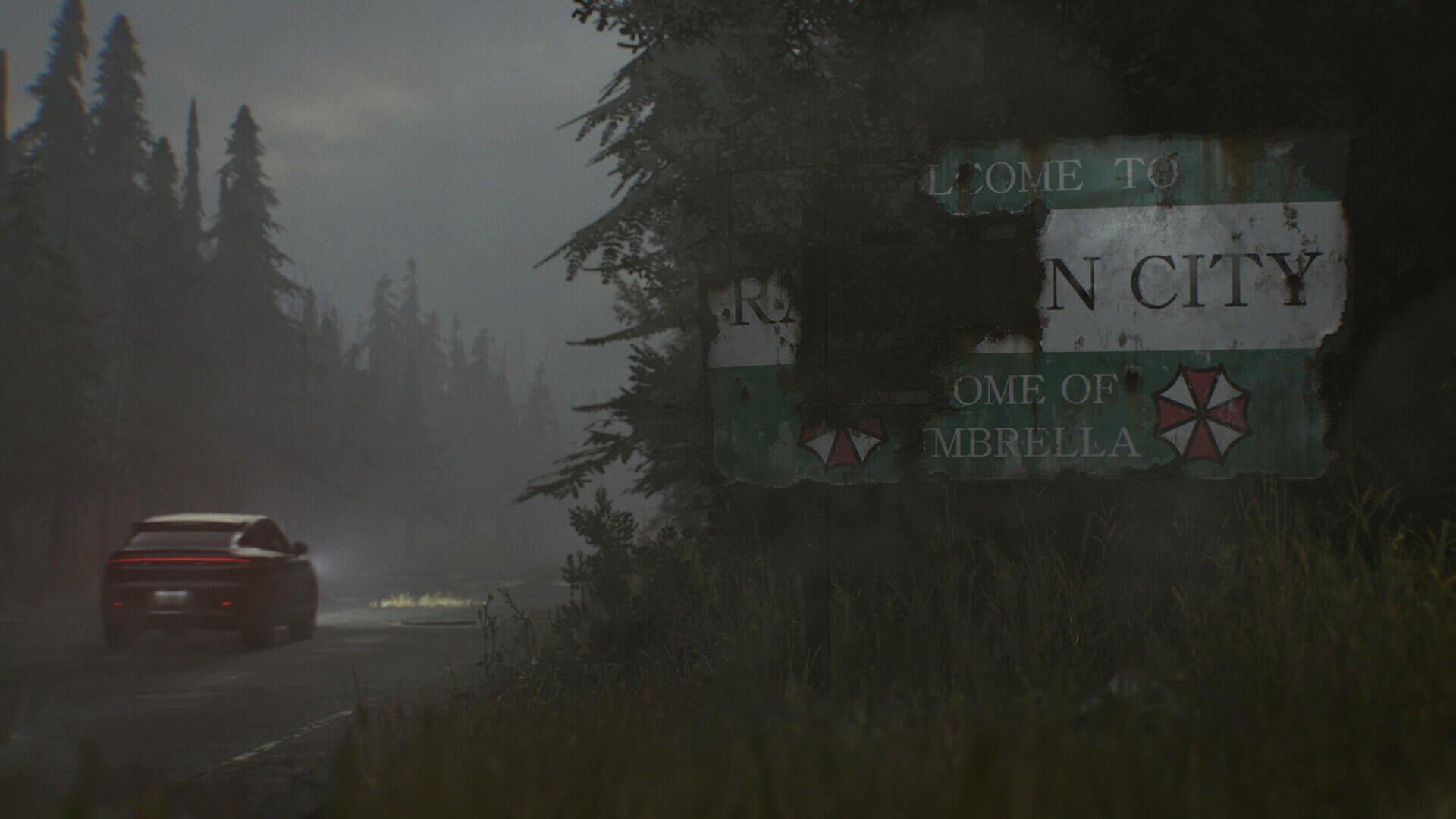 HD PC desktop wallpaper: Survival Horror third-person shooter scene from Resident Evil Requiem — foggy road at dusk, taillights passing a weathered town sign bearing the Umbrella logo.