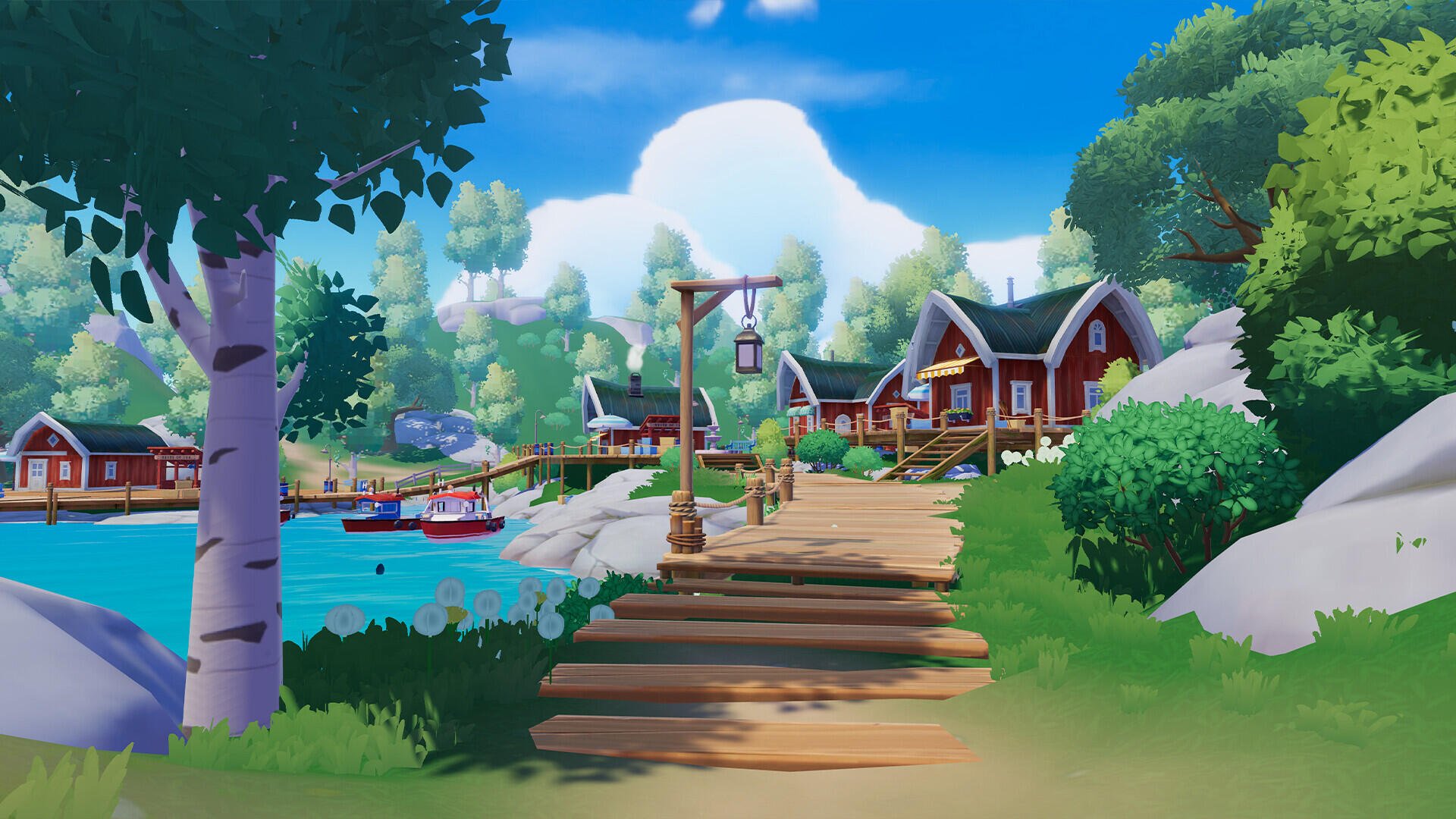 HD PC desktop wallpaper/background of life simulation game Heartopia: colorful lakeside village with wooden dock, red cabins, birches, rocky shore and bright blue sky.