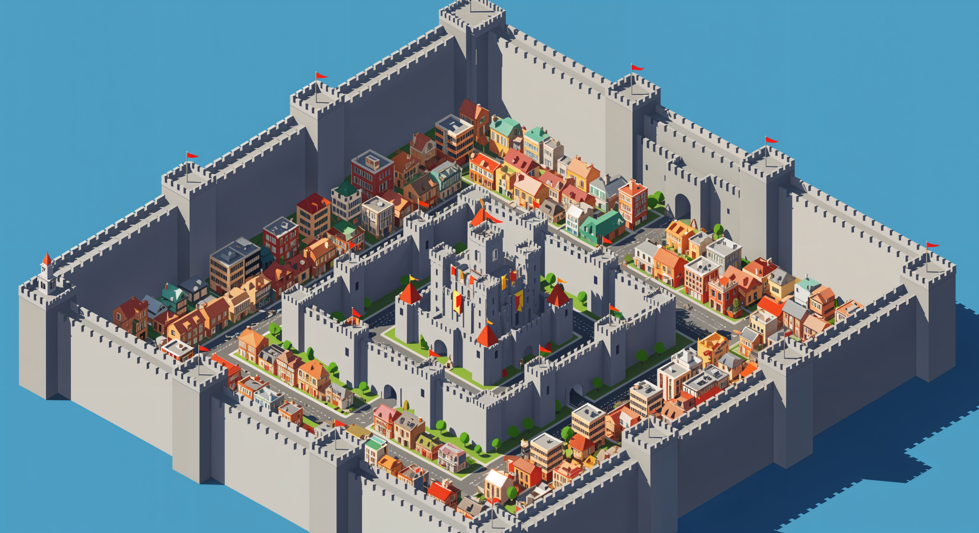 Isometric medieval walled city with central castle and colorful houses — 4K Ultra HD PC desktop wallpaper and background.