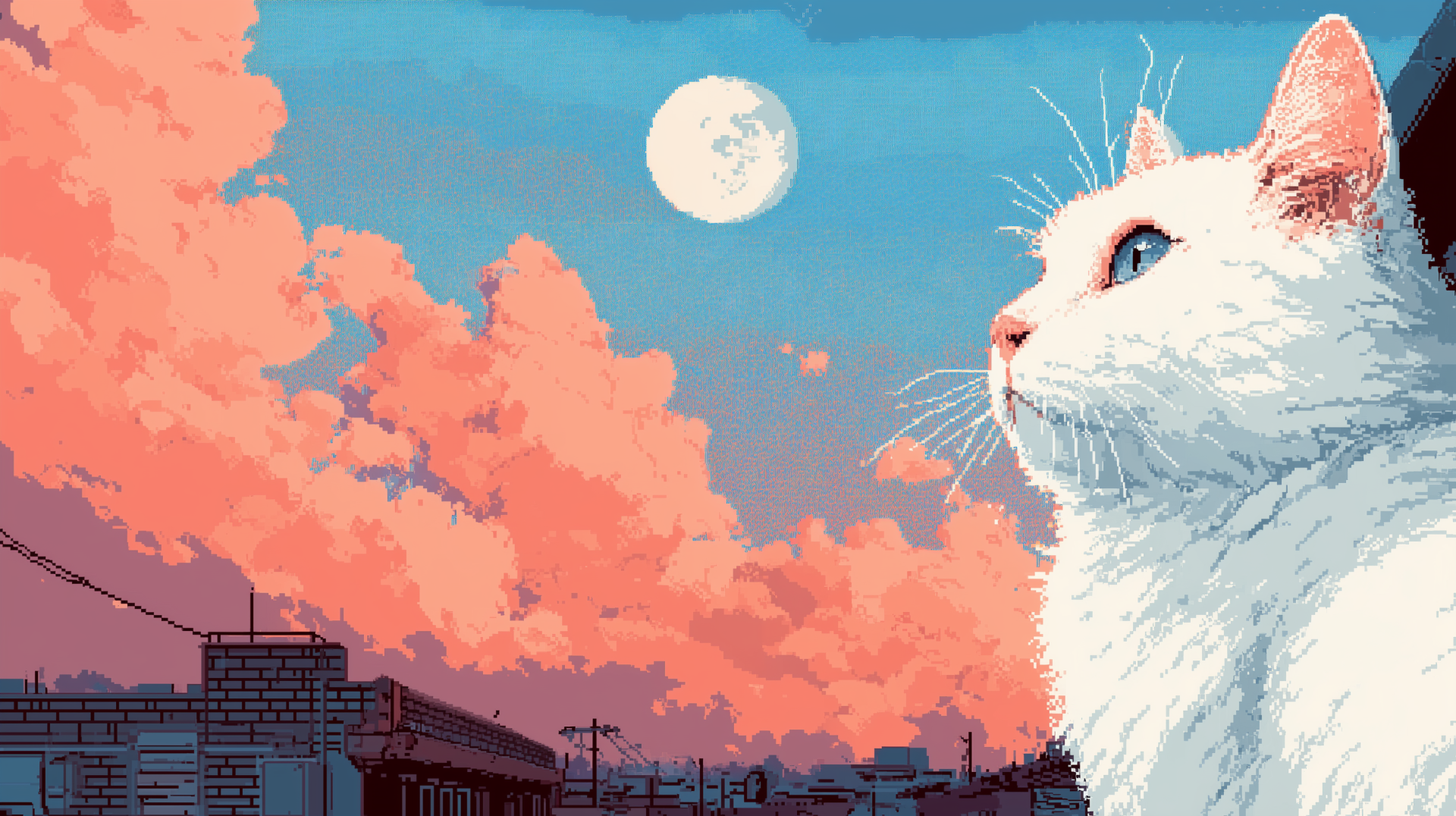 Pixel-art AI Art 2K Quad HD PC desktop wallpaper: white cat gazes at the moon above pink clouds and a silhouetted city skyline.
