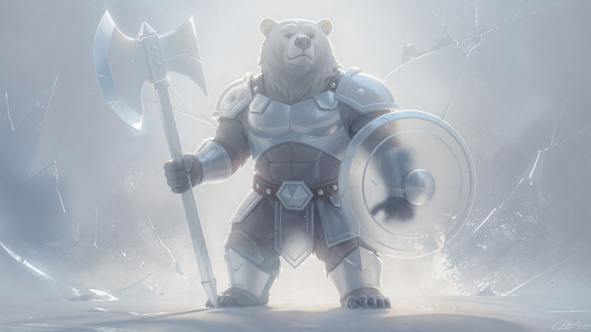 Armored polar bear warrior with axe and shield standing in a misty battlefield — 4K Ultra HD PC Desktop Wallpaper and Background.