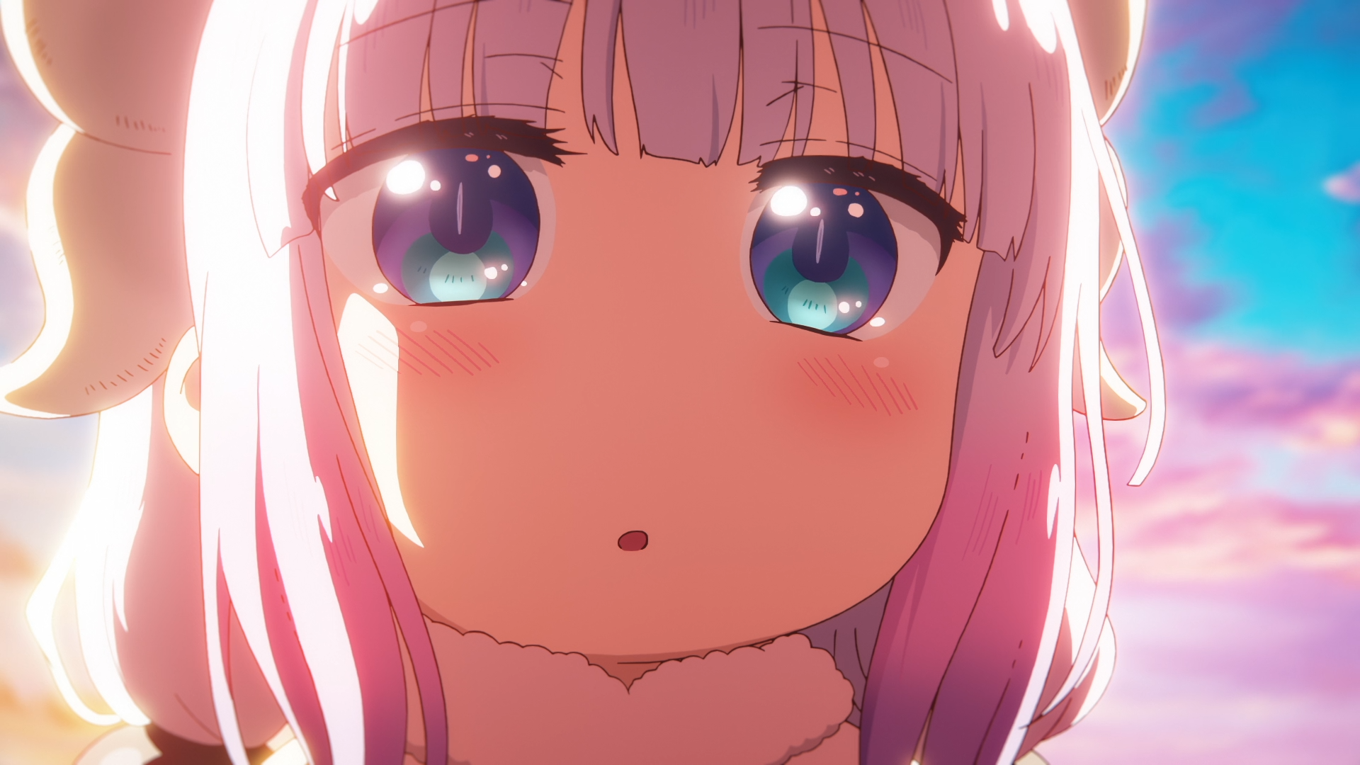 Close-up of Kanna Kamui from Miss Kobayashi’s Dragon Maid: A Lonely Dragon Wants to Be Loved, pastel sunset glow — HD PC desktop wallpaper/background.