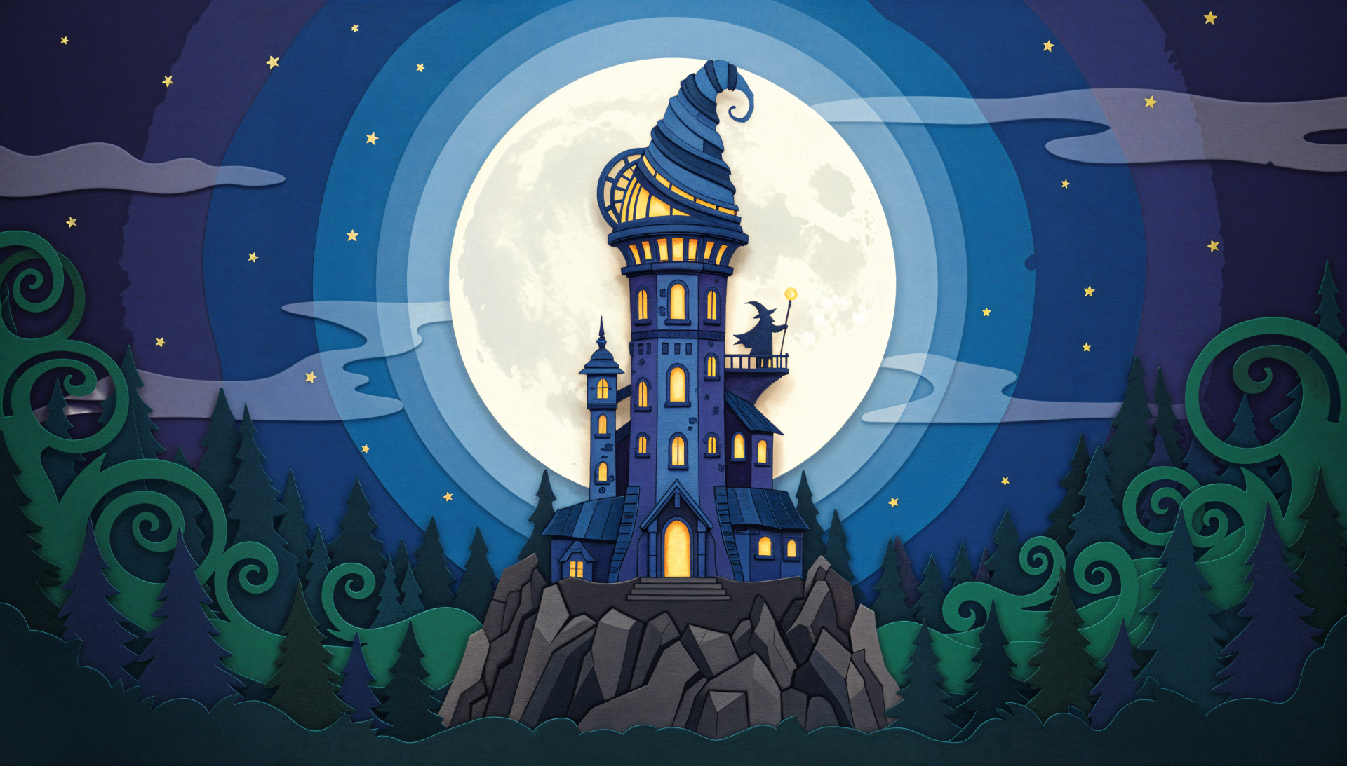 4K Ultra HD PC Desktop Wallpaper and Background: whimsical moonlit wizard tower on a rocky hill, glowing windows, pine forest silhouettes under a starry, star-filled sky.