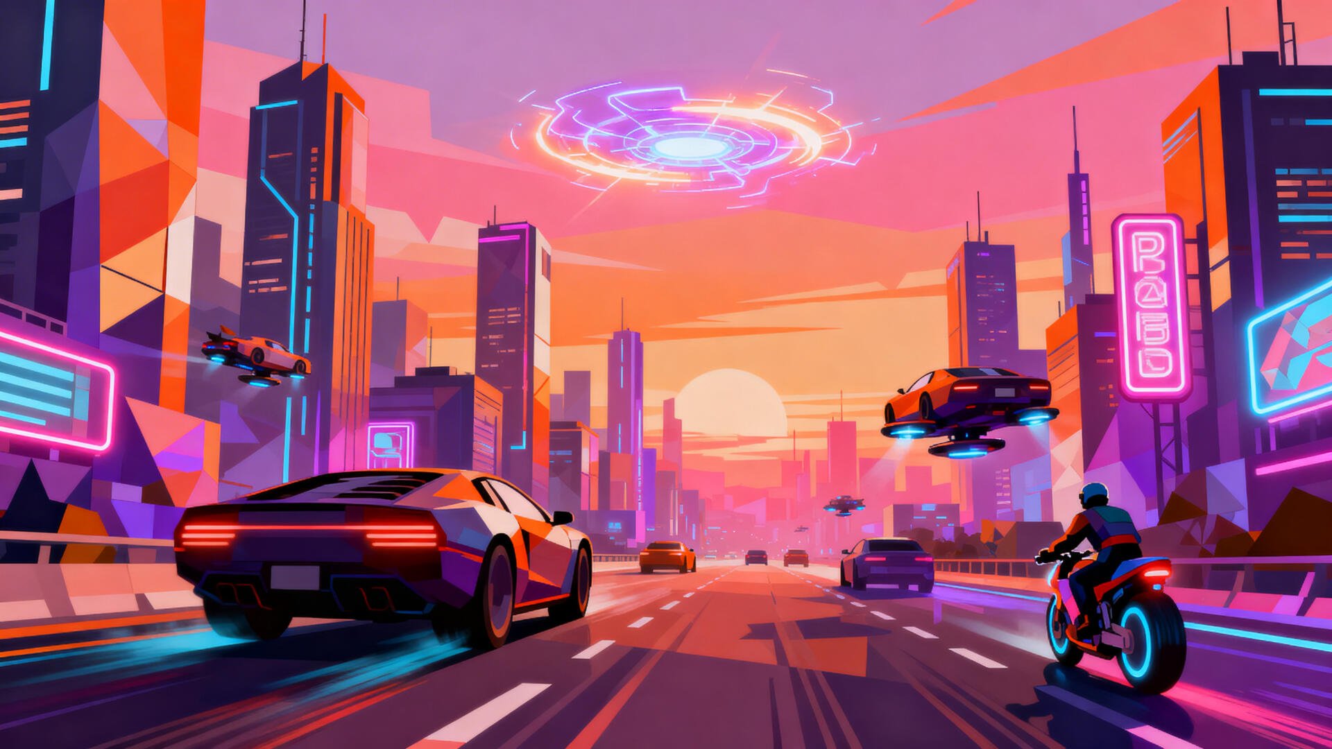 4K Ultra HD PC Desktop Wallpaper and Background: neon retro-futuristic city at sunset, flying cars, sports car and motorbike speeding along a glowing highway beneath a pulsing energy ring.