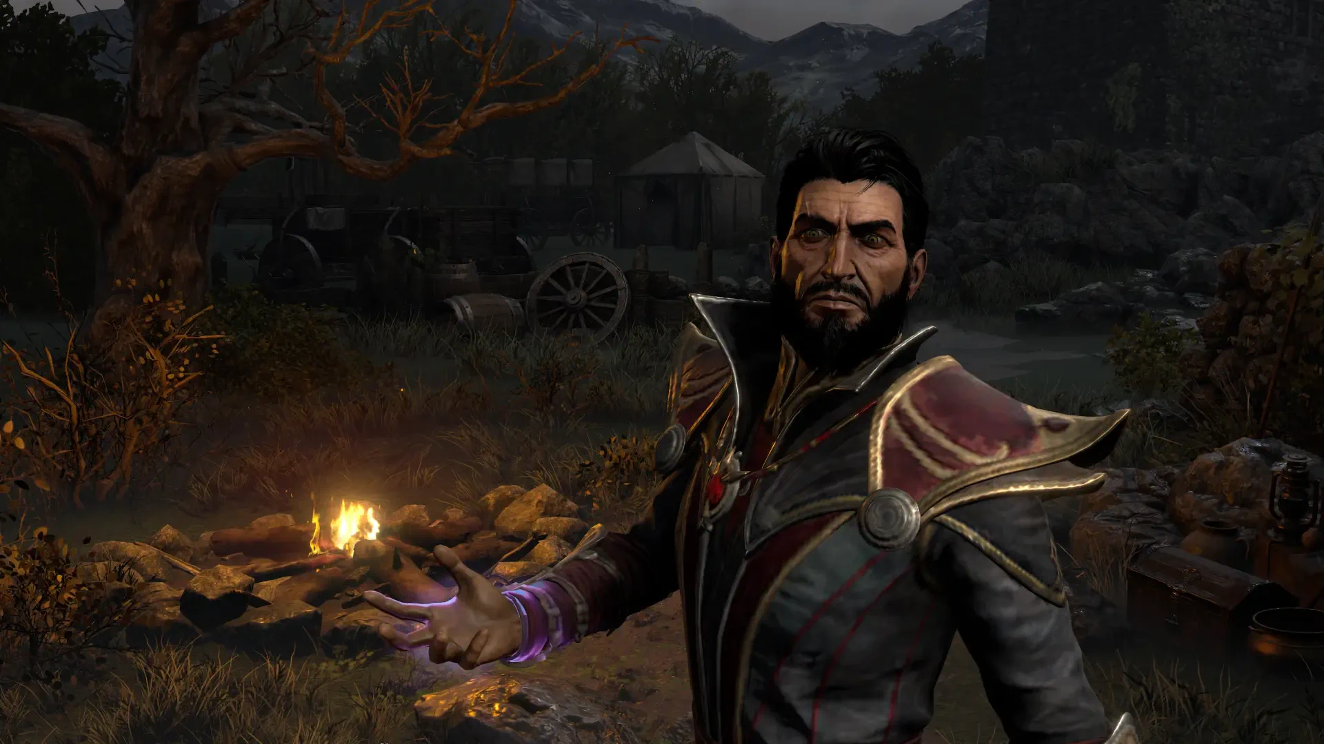 4K Ultra HD PC wallpaper: Diablo II: Resurrected warlock conjures purple magic by a campfire amid ruined wagons in a dark hack-and-slash ARPG scene.