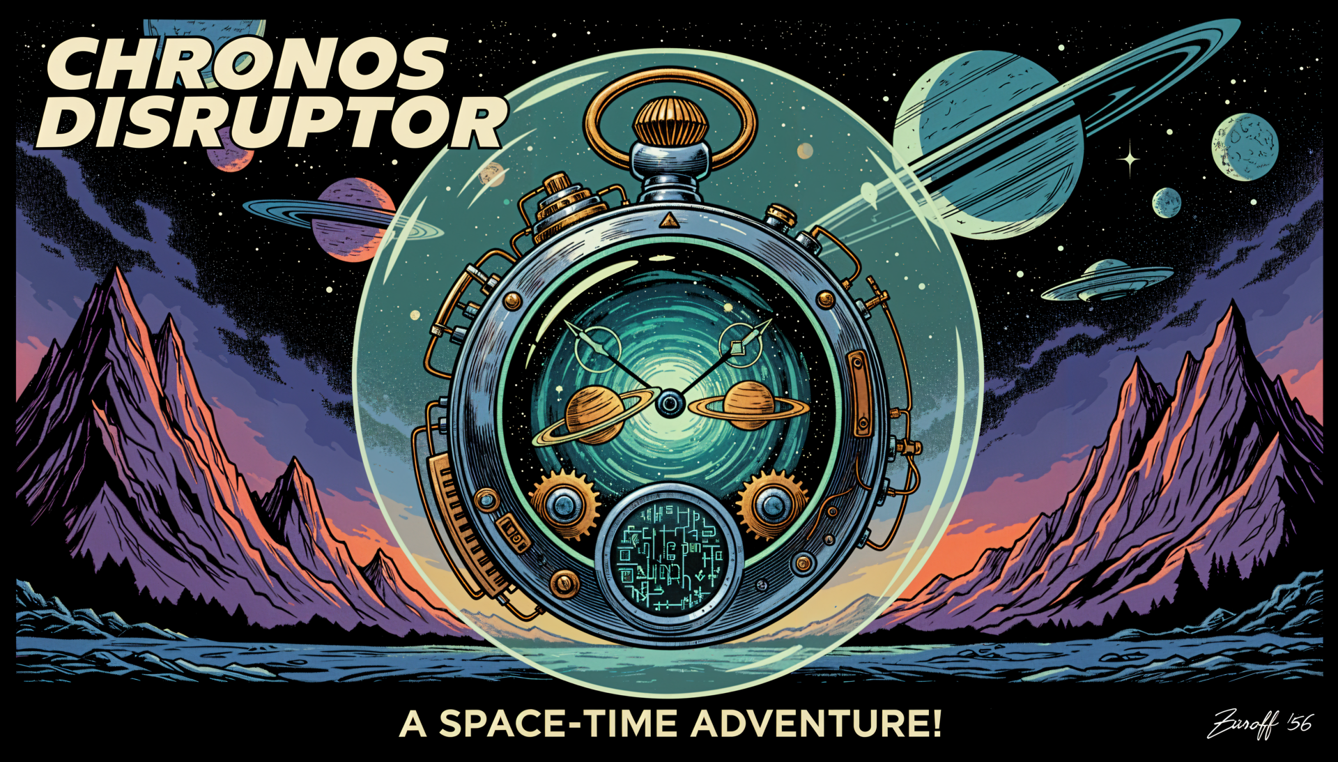 4K Ultra HD PC desktop wallpaper and background: retro pocket watch rendered as a miniature solar system, floating over jagged alien mountains with planets and the Chronos Disruptor — A Space‑Time Adventure title.