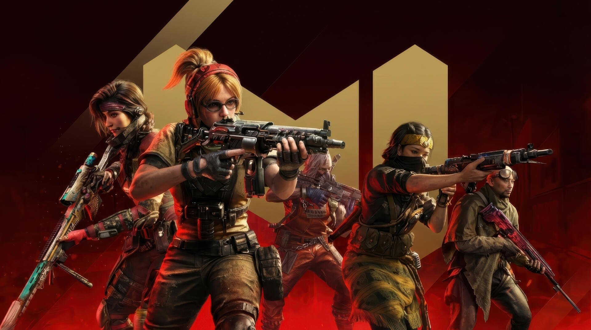 Call of Duty: Mobile mobile game 2K Quad HD PC desktop wallpaper showing five armed operators in combat stances aiming rifles against a bold red-and-gold stylized background.