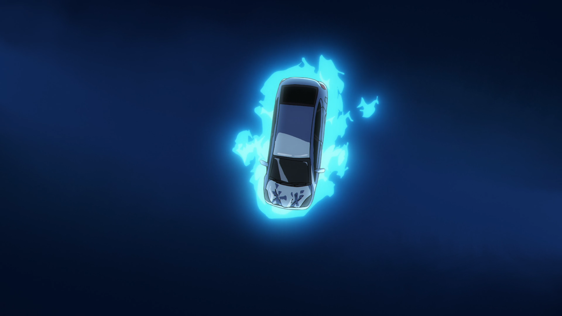HD PC desktop wallpaper from Jujutsu Kaisen 3rd Season: top-down view of a car glowing with blue cursed-energy aura against a dark background
