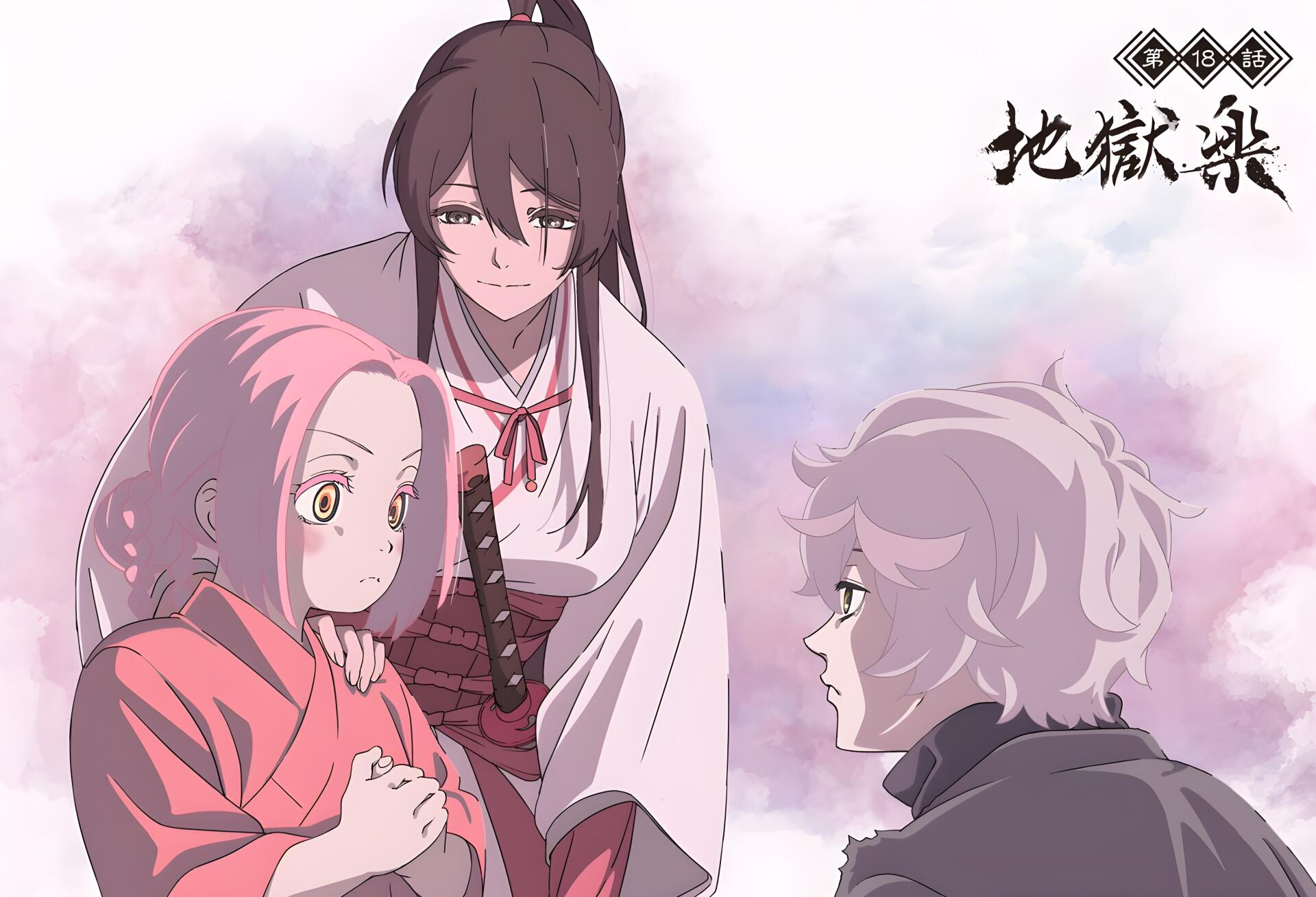 4K Ultra HD PC wallpaper of Hell's Paradise anime: Gabimaru, Sagiri in white, and Mei in red posed against soft pastel clouds.