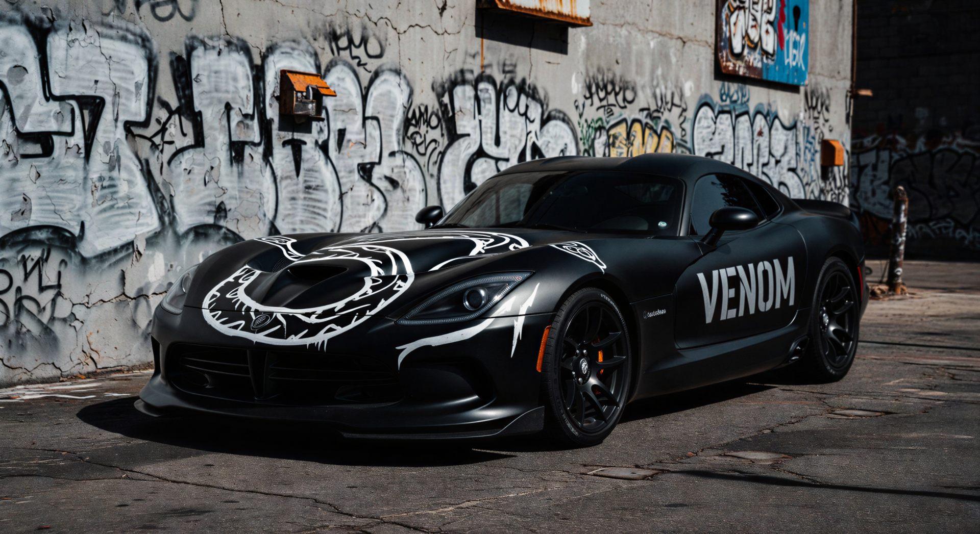 Black Dodge Viper with white VENOM lettering and skull graphics parked on a graffiti-covered street — 2K Quad HD PC desktop wallpaper/background.