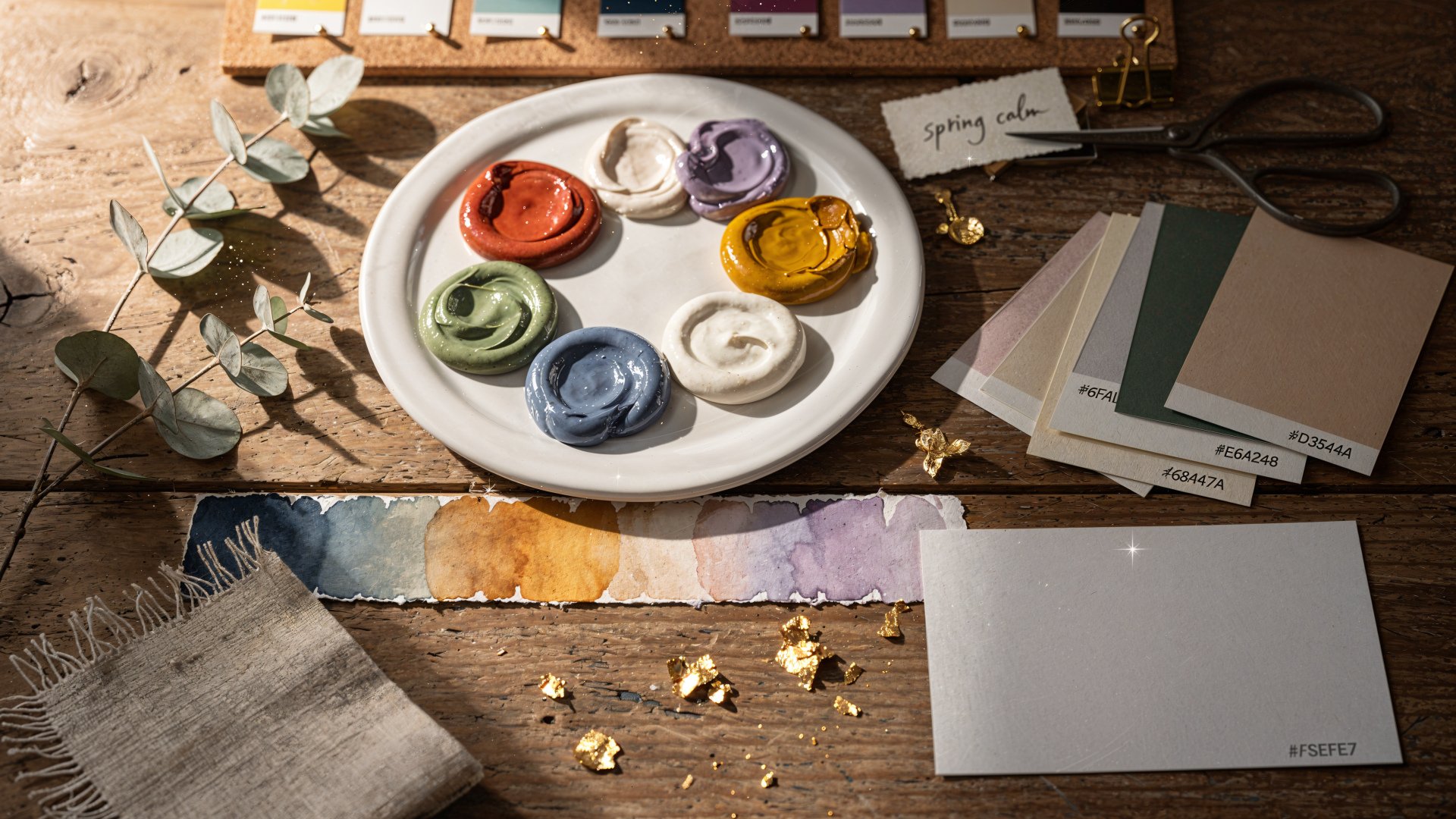 4K Ultra HD PC desktop wallpaper background: rustic wooden table with a color palette of pastel paint swirls on a plate, paint swatches, fabric, eucalyptus sprig and scattered gold leaf.
