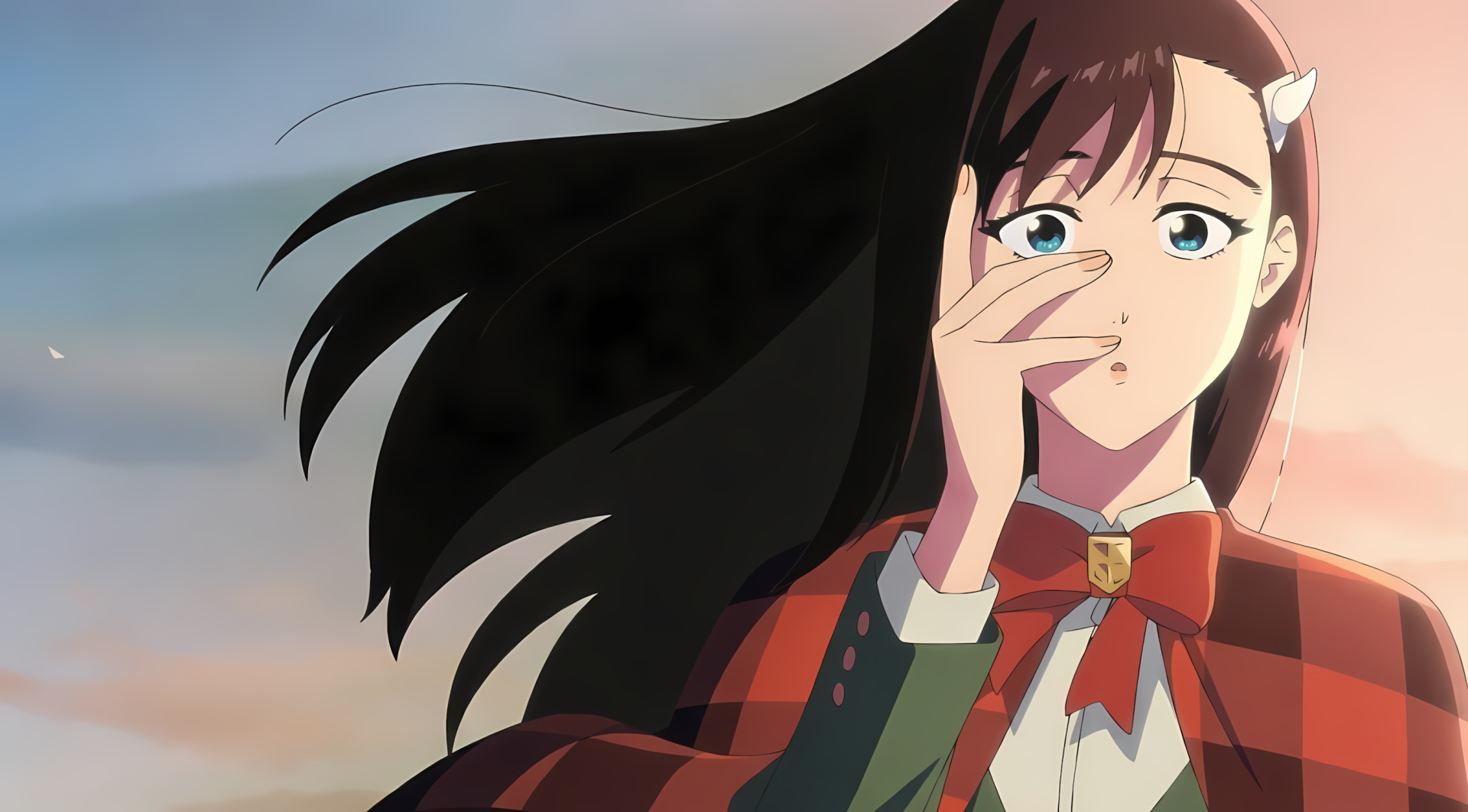 Noel Niihashi from Burn the Witch — anime girl with windblown hair and a pensive expression, 2K Quad HD PC desktop wallpaper/background.