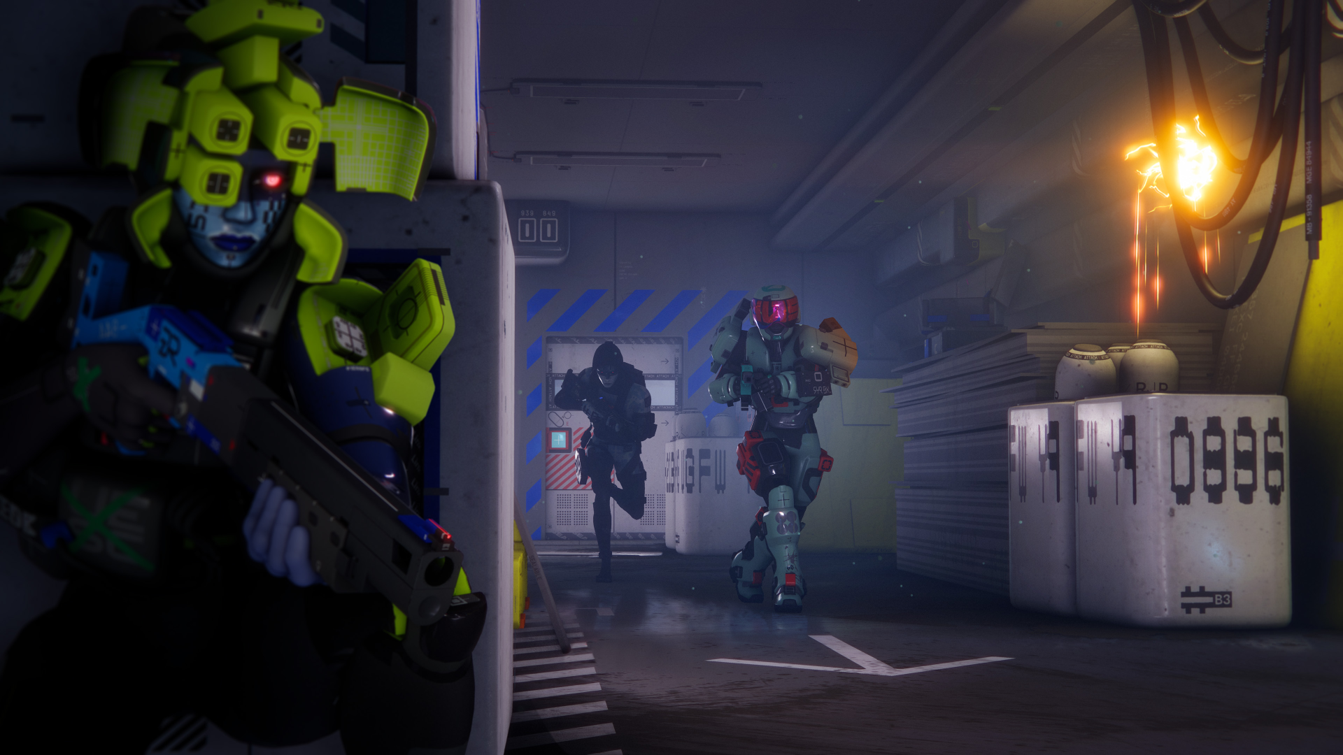 4K Ultra HD PC desktop wallpaper from Marathon (FPS): an assassin in neon armor crouches with a rifle while armored soldiers sprint down a dim sci‑fi corridor.