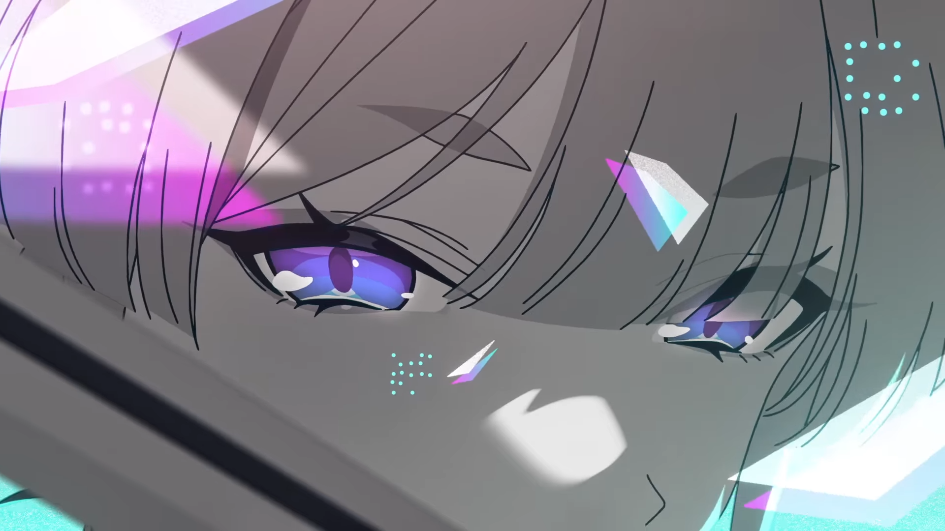 HD PC desktop wallpaper: close-up anime portrait of Cosmic Princess Kaguya! — luminous purple-blue eyes, floating cosmic shards and soft shadowed features.
