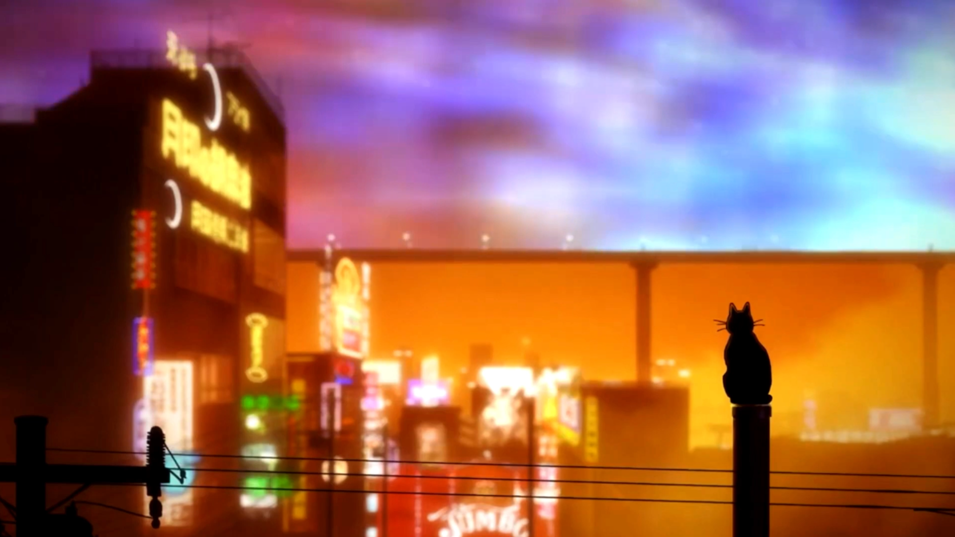 HD PC desktop wallpaper and background: Akudama Drive-style cyberpunk anime city — neon skyline, elevated tracks and wet reflections, silhouetted cat on a pole and lone figure below.