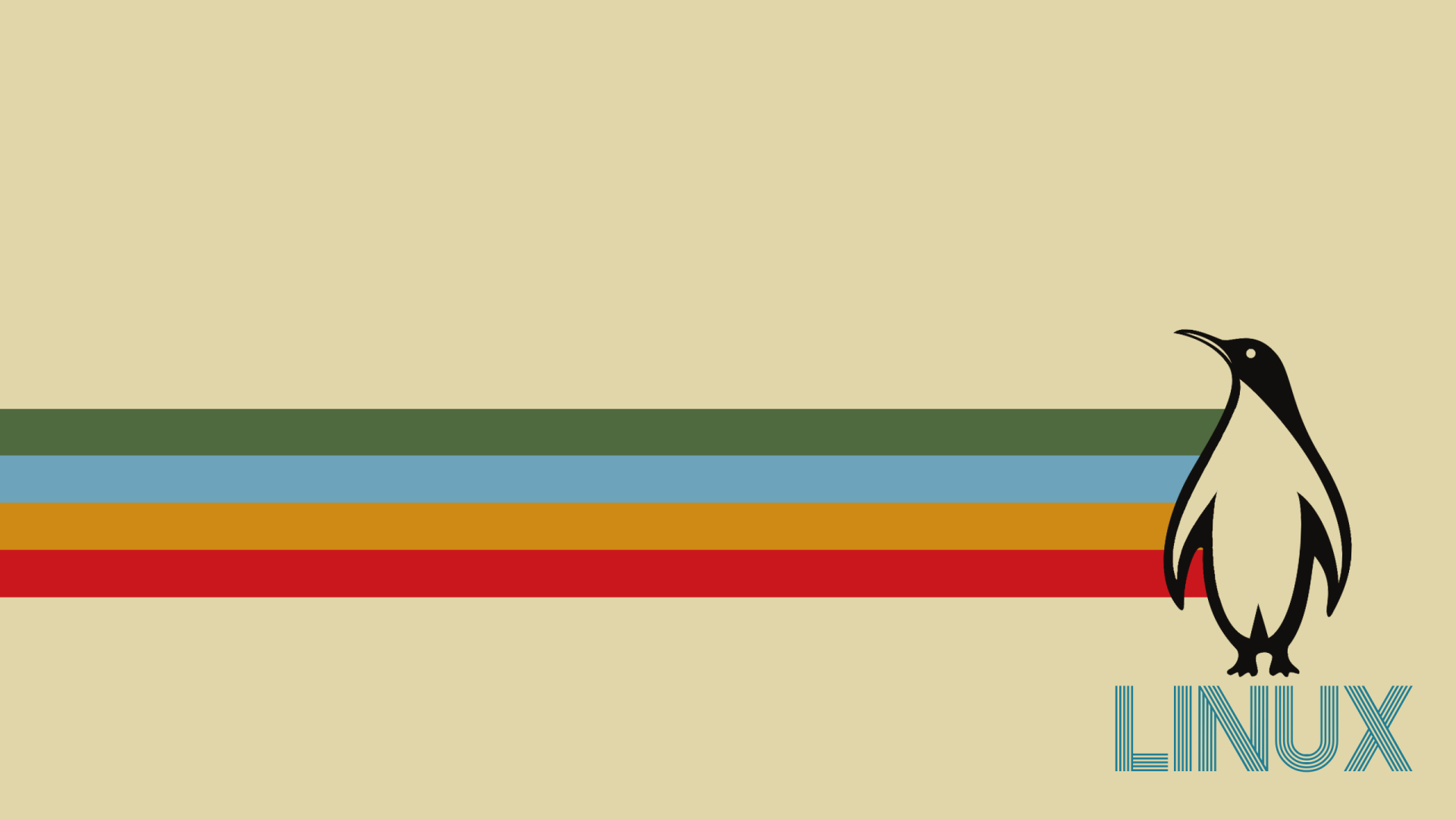 Gruvbox retro aesthetic 2K Quad HD PC desktop wallpaper: beige background with horizontal green/yellow/orange/red stripes and a minimalist penguin beside LINUX text.