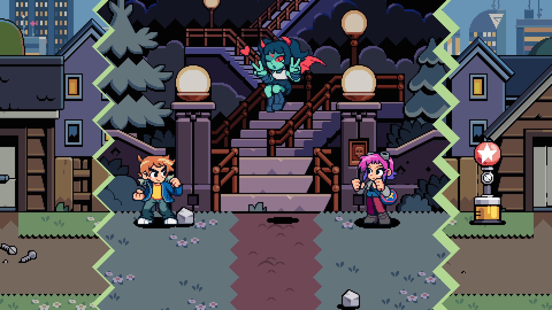 Pixel-art scene from the video game Scott Pilgrim EX: three characters clash on a lamplit stairway in a nighttime city — HD PC desktop wallpaper and background.