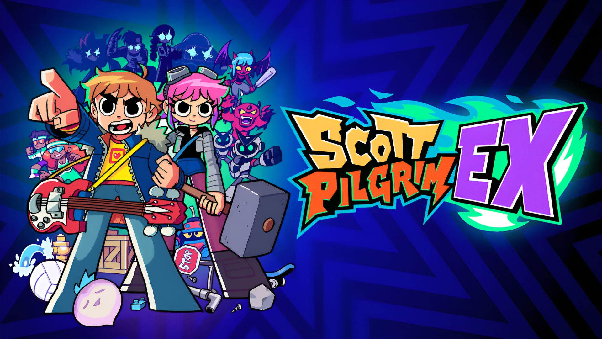 Colorful Scott Pilgrim EX video game HD PC desktop wallpaper featuring Scott Pilgrim and Ramona Flowers with bandmates, neon logo and stylized blue background.