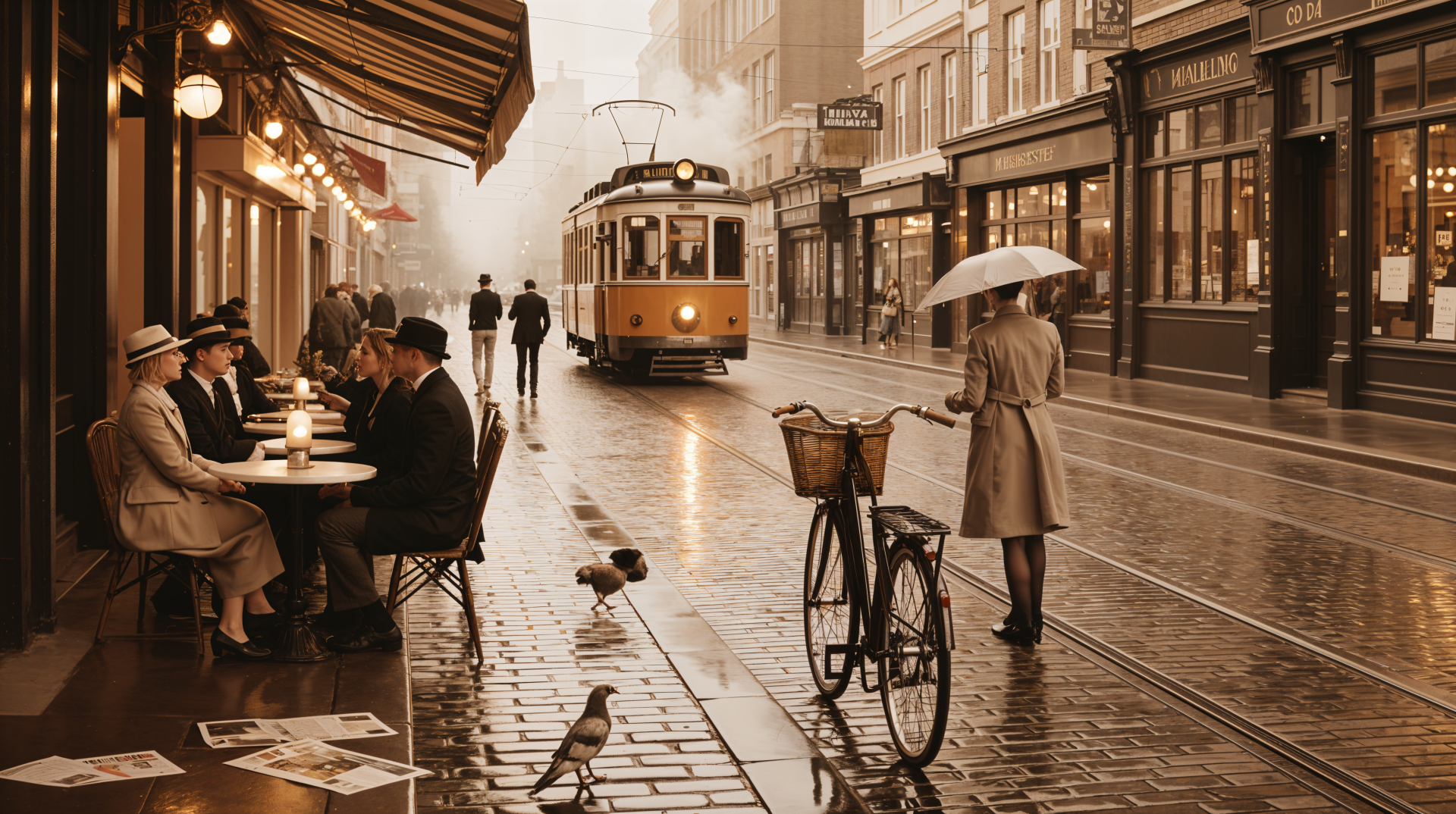 Sepia 4K Ultra HD PC desktop wallpaper and background: rainy cobblestone street with tram, sidewalk café diners, bicycle, umbrella and pigeons.