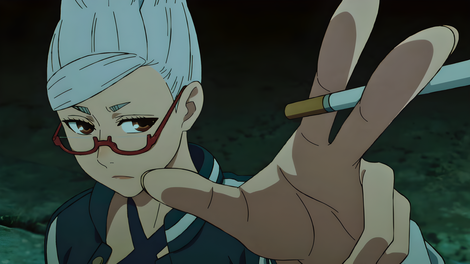 Seiko Ayase from Dandadan in an anime 4K PC wallpaper, pale-blue hair and red glasses, reaching toward the viewer while holding a cigarette against a dark background.